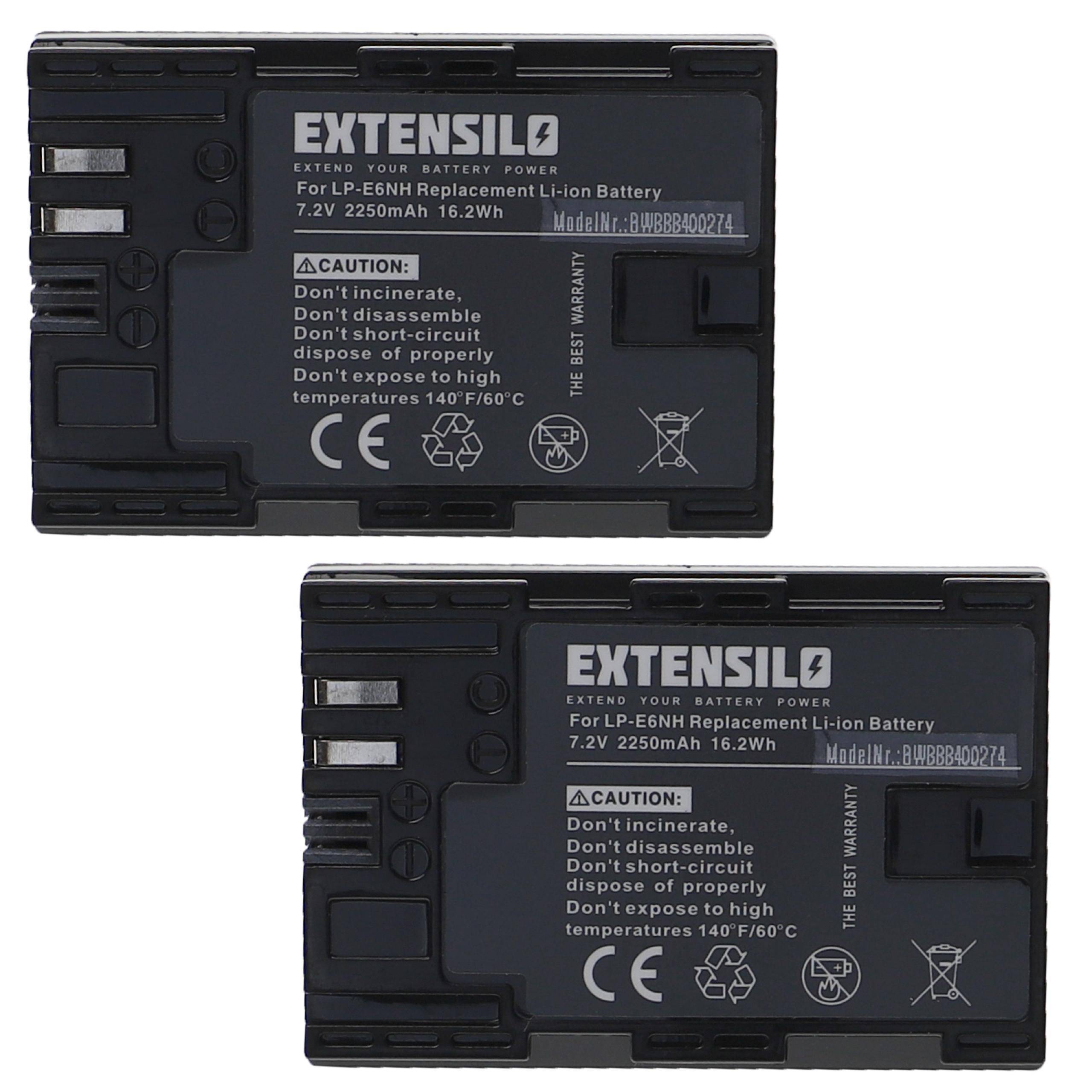 Zwei schwarze EXTENSIL-Akkupacks für LP-E6NH-Kameras, gekennzeichnet mit 7,2V 2250mAh 16,2Wh mit Warn- und Recycling-Symbolen.