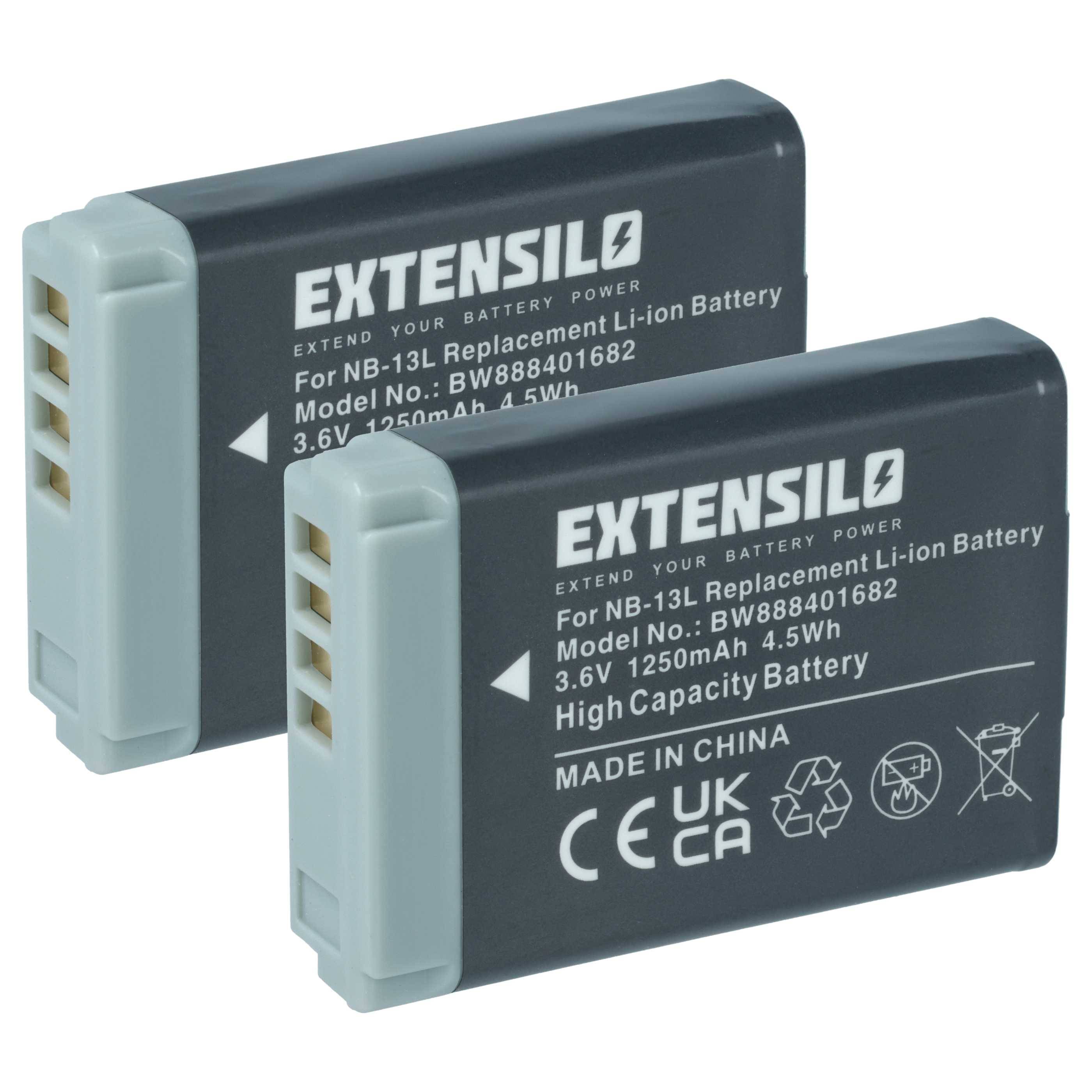 Zwei schwarze Extensilo-Ersatz-Lithium-Ionen-Akkus für das Modell NB-13L, jeweils mit 3,6V, 1250mAh, 4,5Wh Kapazität, und 'Made in China'.