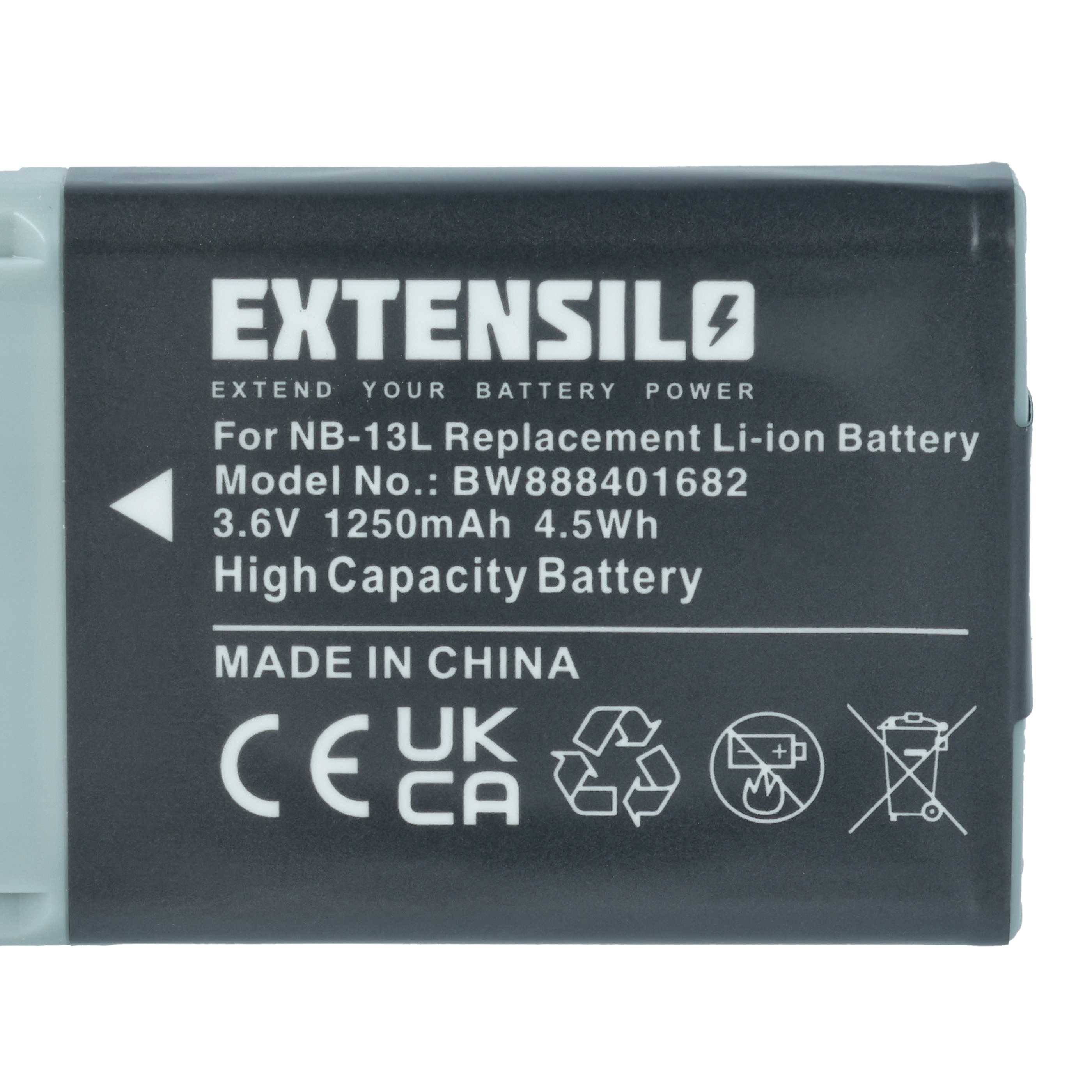 Schwarze und graue Batterie mit der Aufschrift 'EXTENSILO'. Text: 'Für NB-13L Ersatz Li-Ionen-Akku Modell-Nr.: BW888406182 3,6V 1250mAh 4,5Wh'. Symbole für Recycling, Entsorgung und Qualitätszeichen. Hergestellt in China.