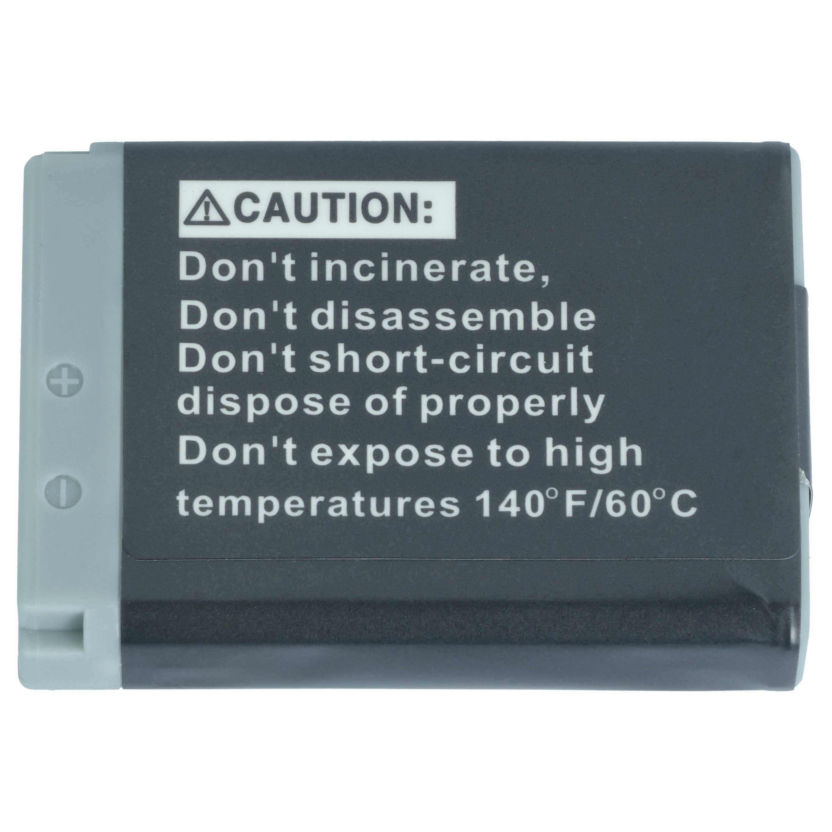 Batterie mit Warnhinweis: 'Nicht verbrennen, zerlegen, kurzschließen oder Temperaturen über 140°F/60°C aussetzen.