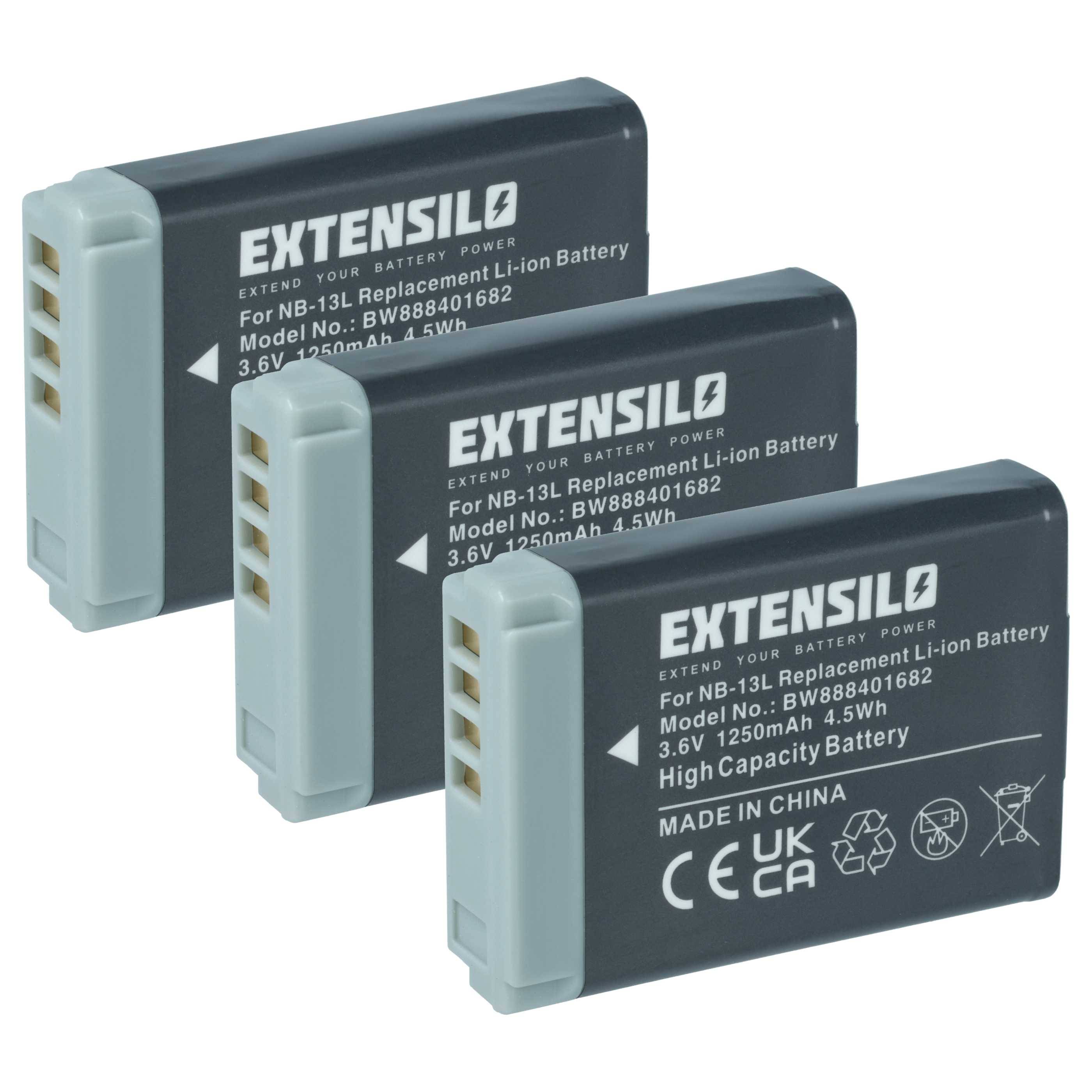 Drei graue und weiße Lithium-Ionen-Kamerabatterien mit der Aufschrift 'EXTENSILO', jeweils Modell NB-13L, 3,6V, 1250mAh, 4,5Wh, mit Sicherheitssymbolen.