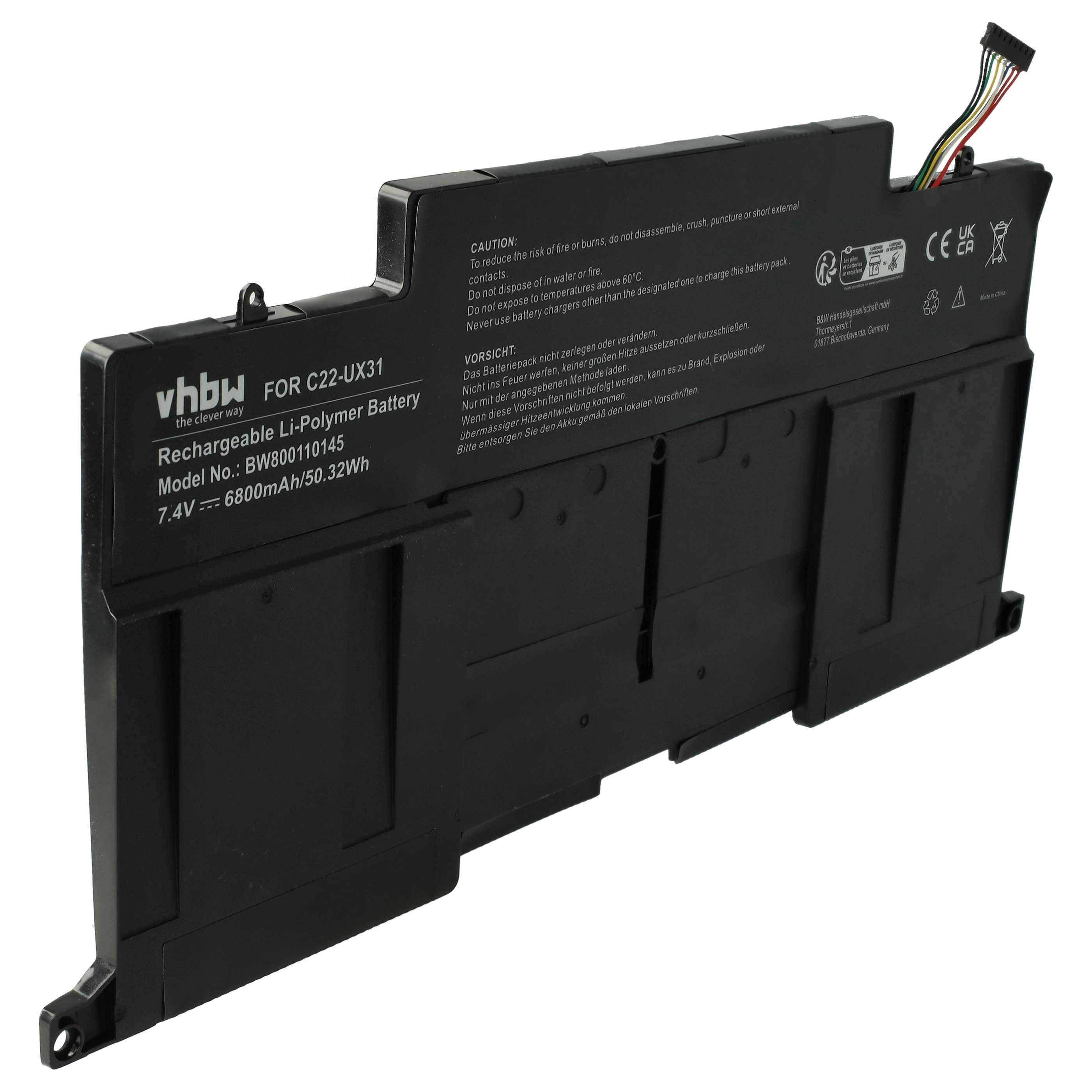 vhbw Akku Ersatz für Asus C22-UX31 für Notebook (6800mAh, 7,4V, Li-Polymer, Schwarz)