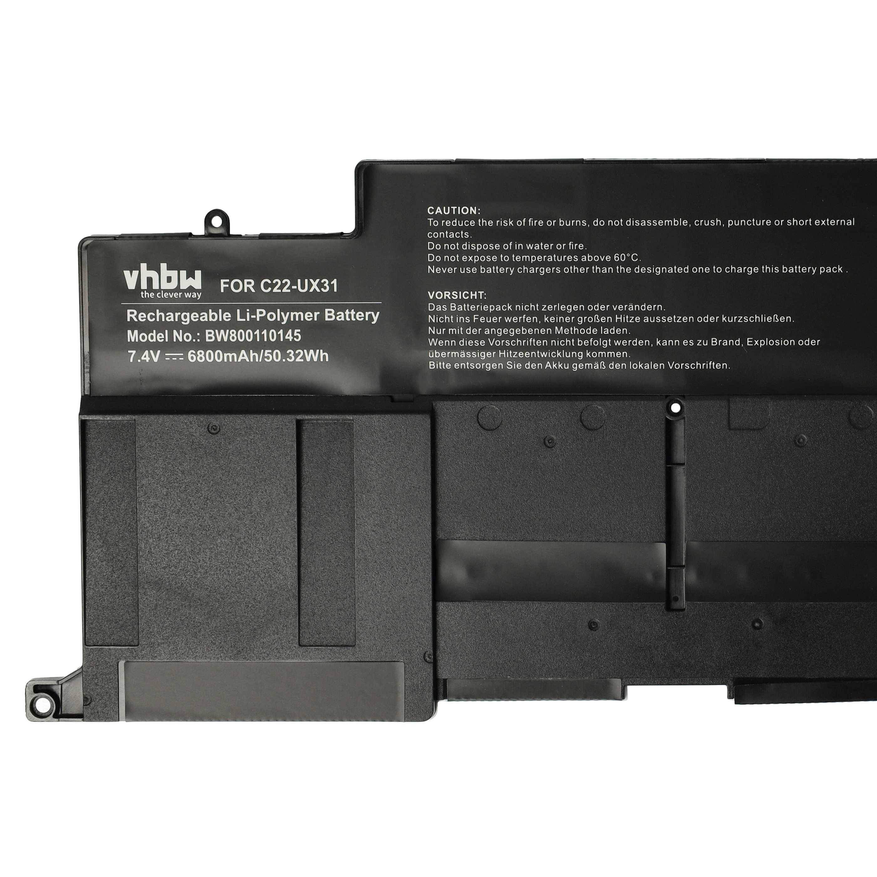 vhbw Akku Ersatz für Asus C22-UX31 für Notebook (6800mAh, 7,4V, Li-Polymer, Schwarz)
