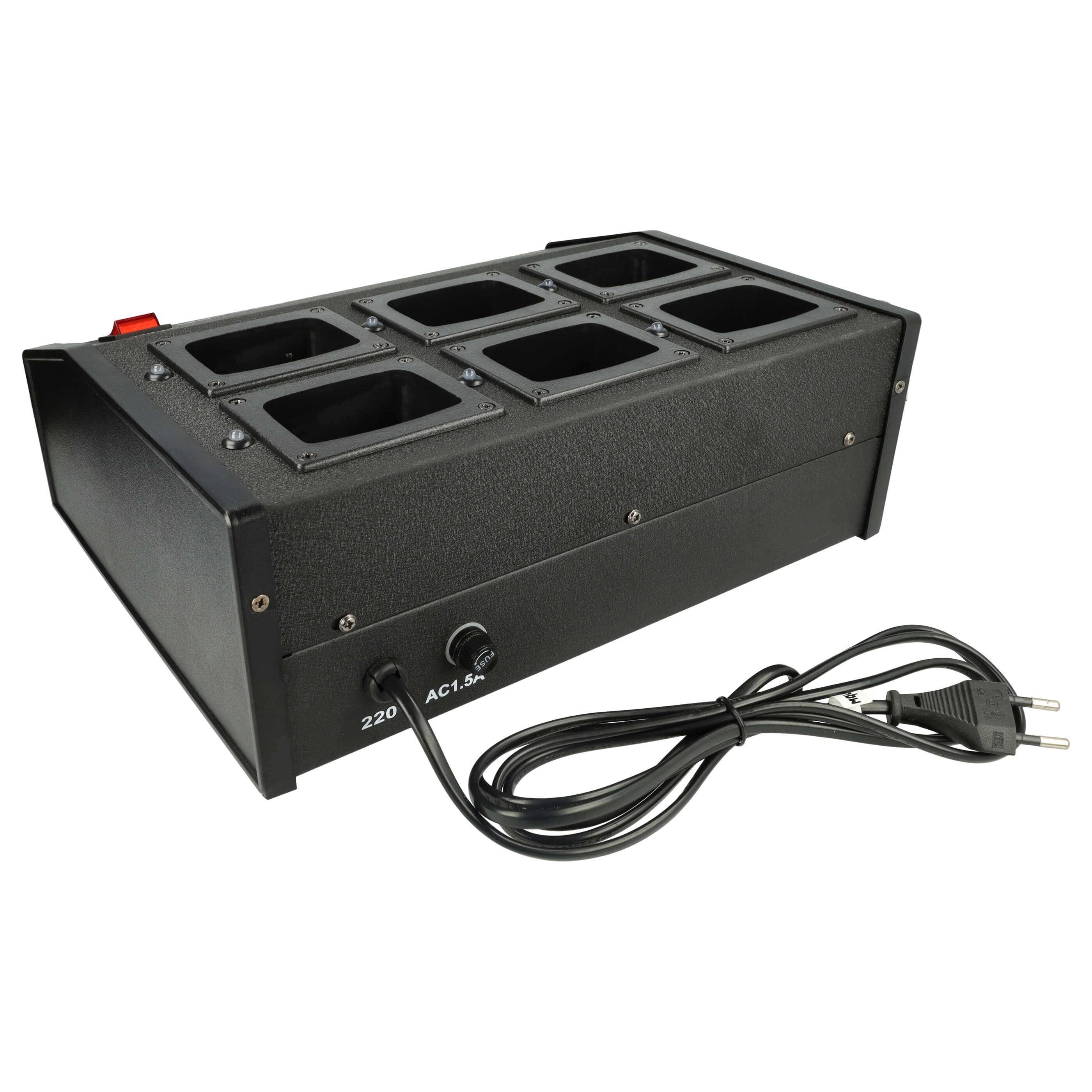 Eine schwarze Steckerleiste mit sechs Steckdosenschlitzen und einem europäischen Stecker. Sie verfügt über einen Schalter und ein Spannungsetikett mit der Aufschrift „220V AC 15A