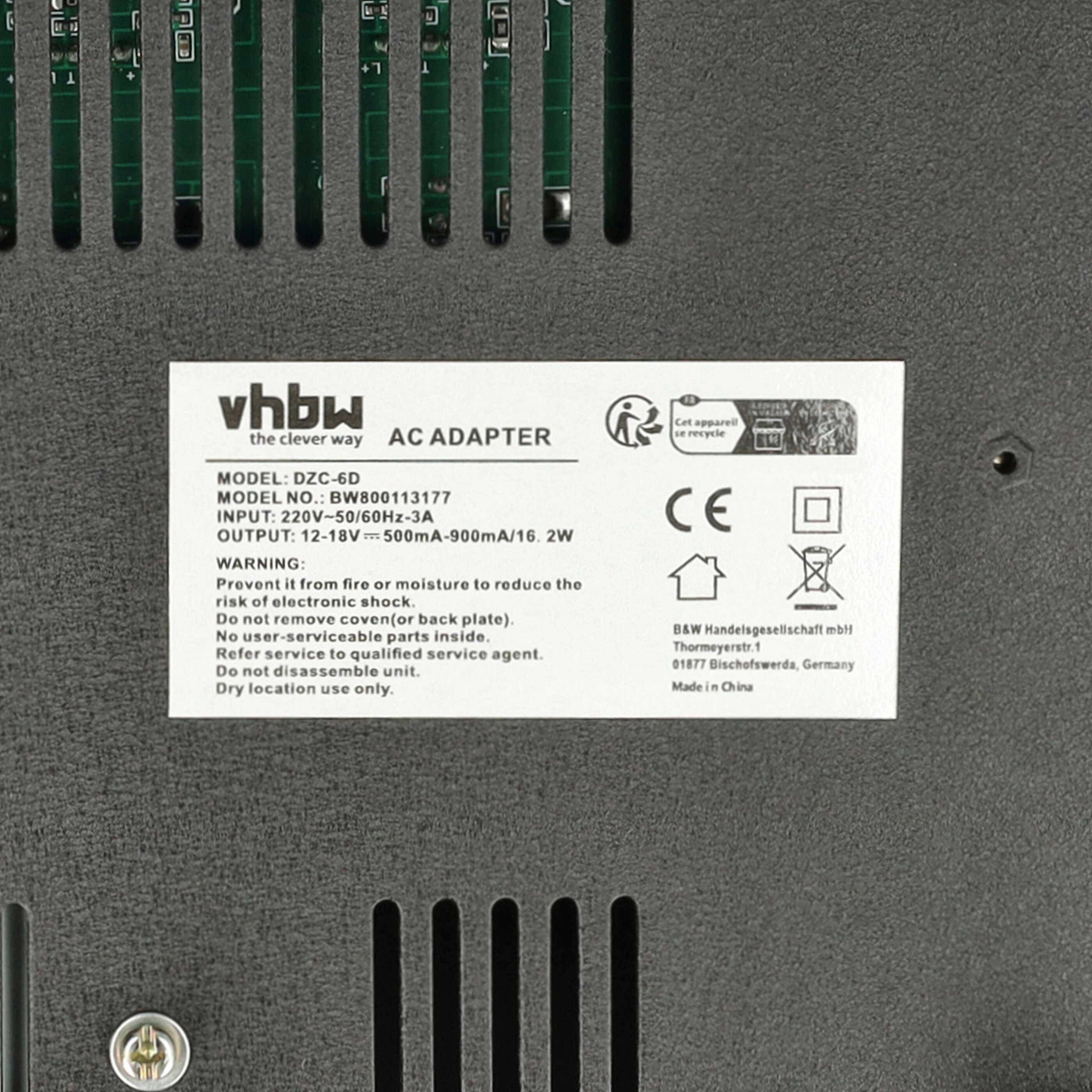 vhbw AC-Adapter mit Eingang von 100-240V und Ausgang von 12-15V. Enthält Anweisungen, um es von Feuchtigkeit fernzuhalten und nur für den Innengebrauch. Hergestellt in Deutschland.