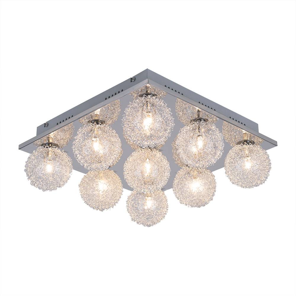 Deckenleuchte Glaskugeln 9 Flammig Wohnzimmer Deckenlampe Glas, Aluminium chrom, Fassung 9x G4 warmweiß, LxBxH 37x37x15 cm