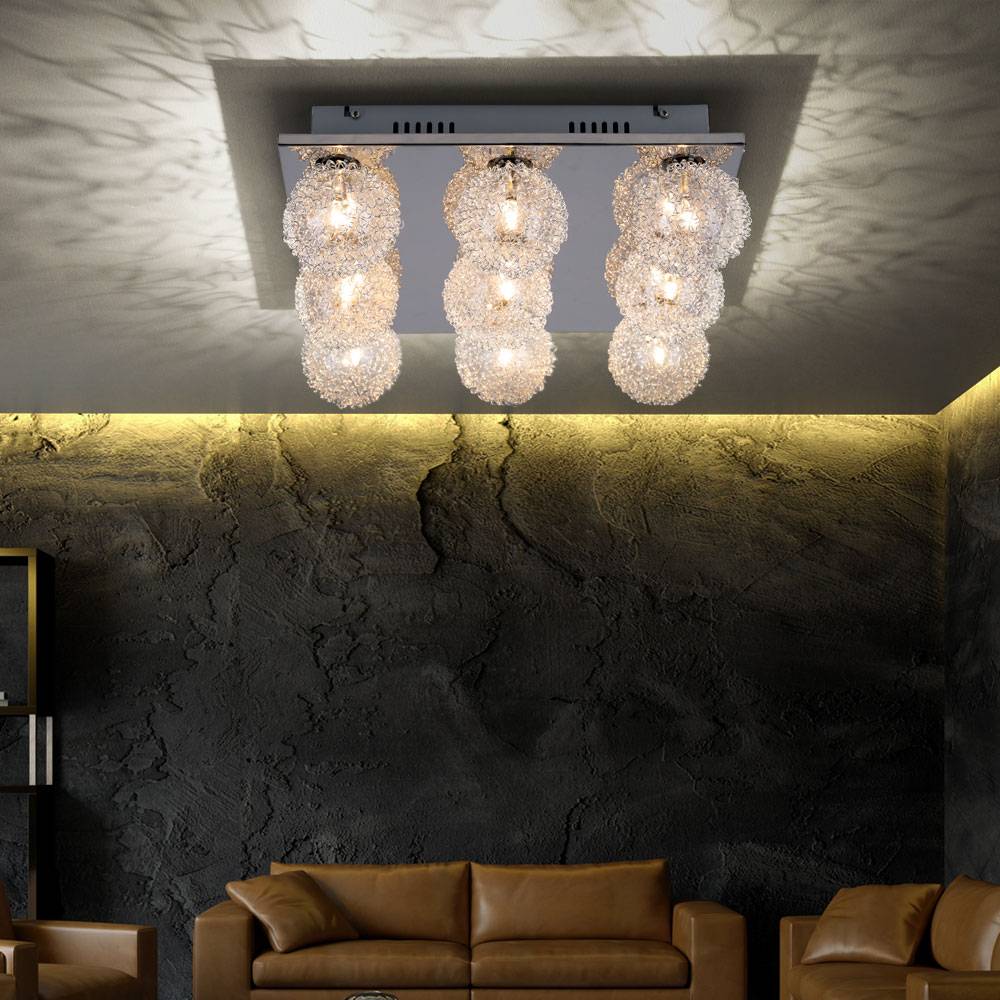 Deckenleuchte Glaskugeln 9 Flammig Wohnzimmer Deckenlampe Glas, Aluminium chrom, Fassung 9x G4 warmweiß, LxBxH 37x37x15 cm