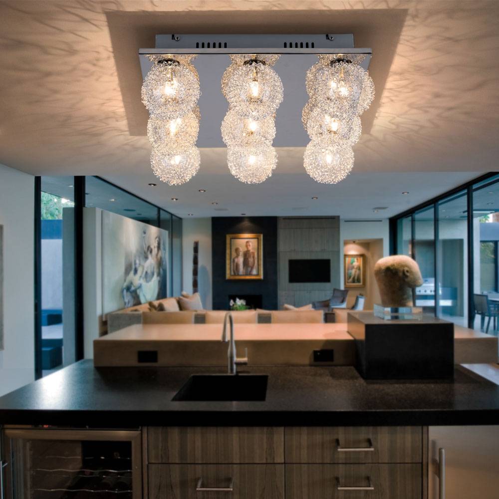 Deckenleuchte Glaskugeln 9 Flammig Wohnzimmer Deckenlampe Glas, Aluminium chrom, Fassung 9x G4 warmweiß, LxBxH 37x37x15 cm