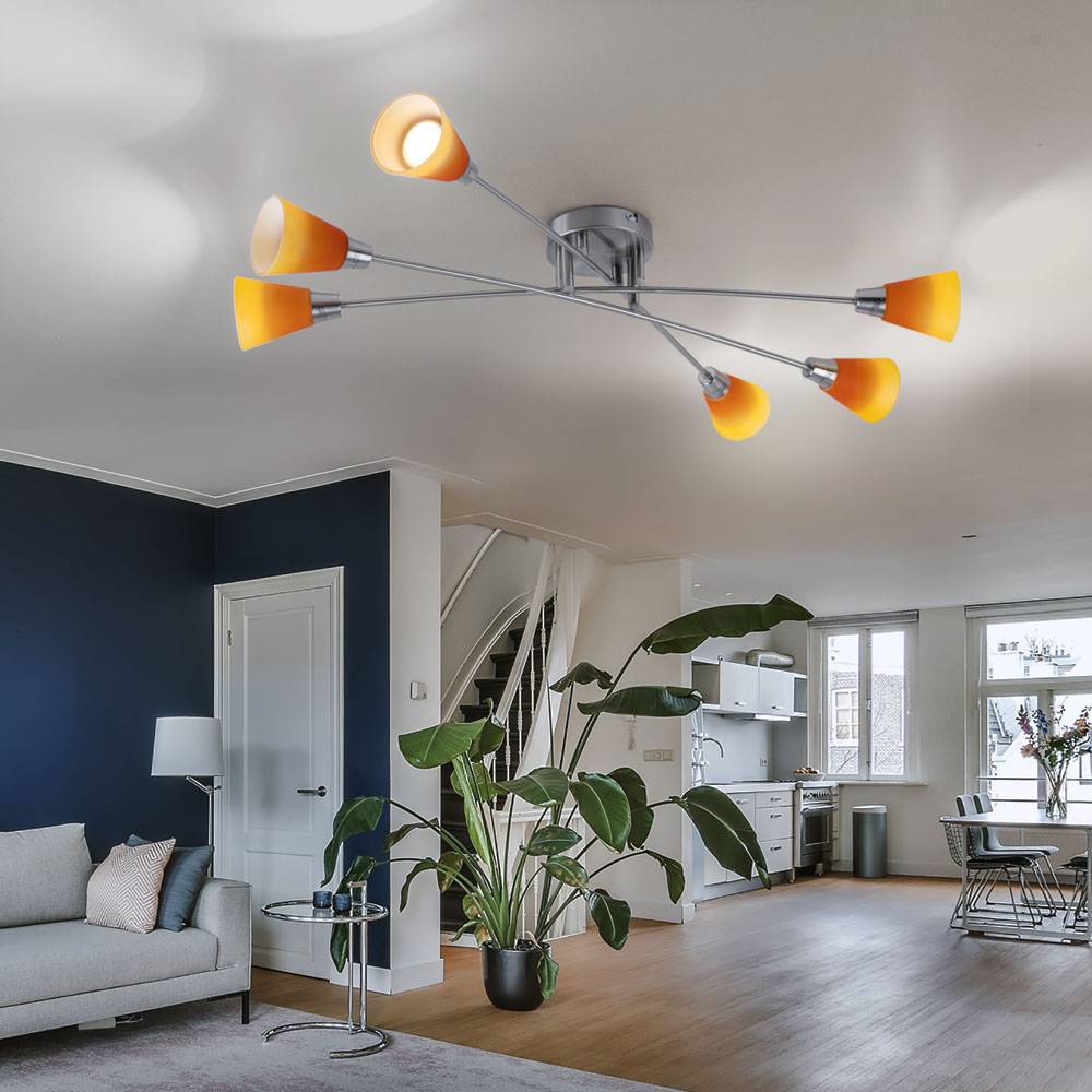 Deckenlampe Deckenleuchte Wohnzimmerleuchte Glas 6 flammig geld LED, Chrom, Nickel-matt, 6x LED, L 79 cm