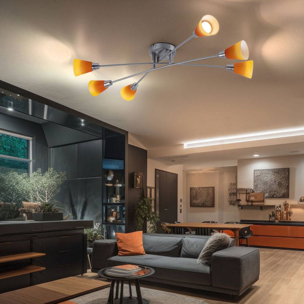 Deckenleuchte Deckenlampe Spotleuchte Wohnzimmerleuchte Schlafzimmer, 6 flammig, Nickel matt Chrom Glas gelb orange, 6x GU10 9W 420Lm 2700K, HxLxT