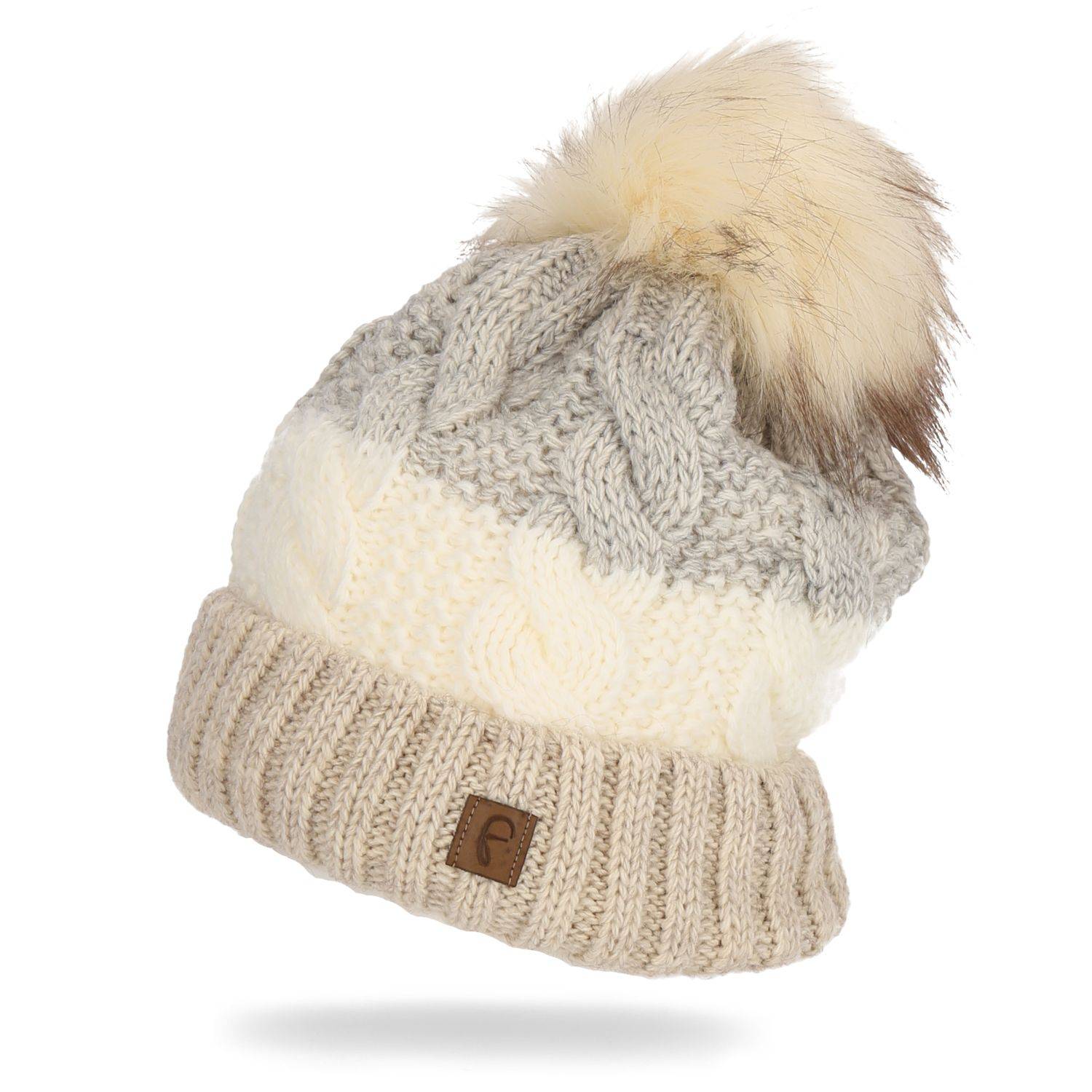 Faera Wintermütze warm gefüttert mit Kunstfell Bommel-Mütze Winter Damen Herren Beige