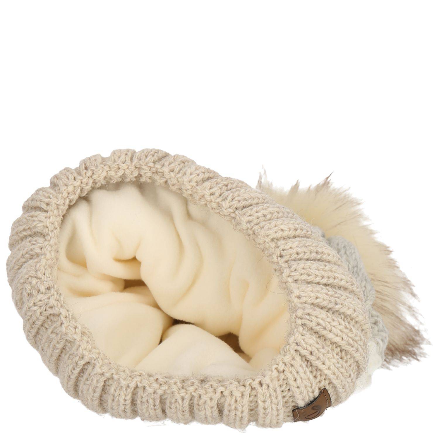 Faera Wintermütze warm gefüttert mit Kunstfell Bommel-Mütze Winter Damen Herren Beige