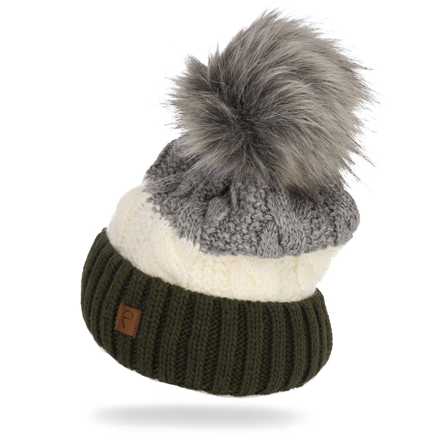 Faera Wintermütze warm gefüttert mit Kunstfell Bommel-Mütze Winter Damen Herren Grün/Grau