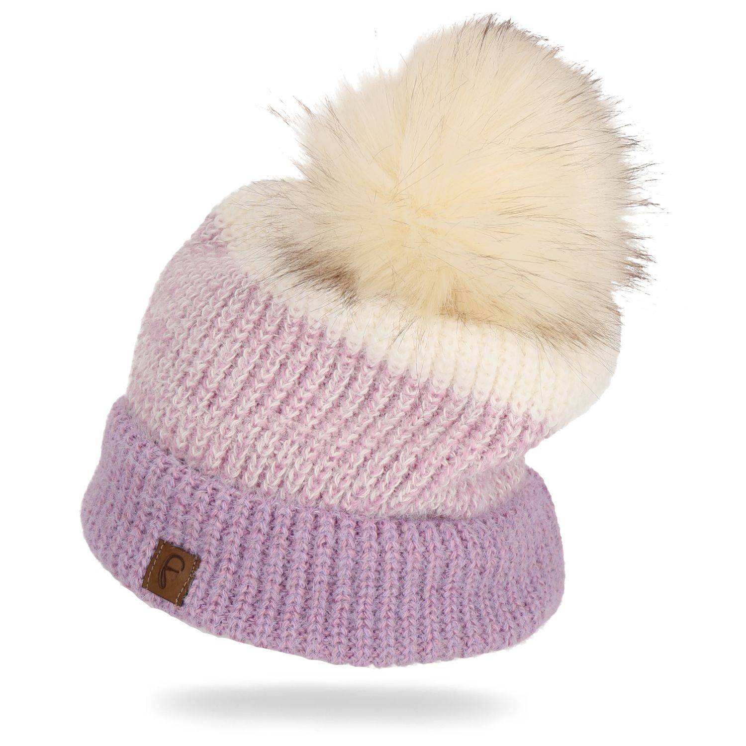 Faera Wintermütze warm gefüttert mit Kunstfell Bommel-Mütze Winter Damen Herren Lila