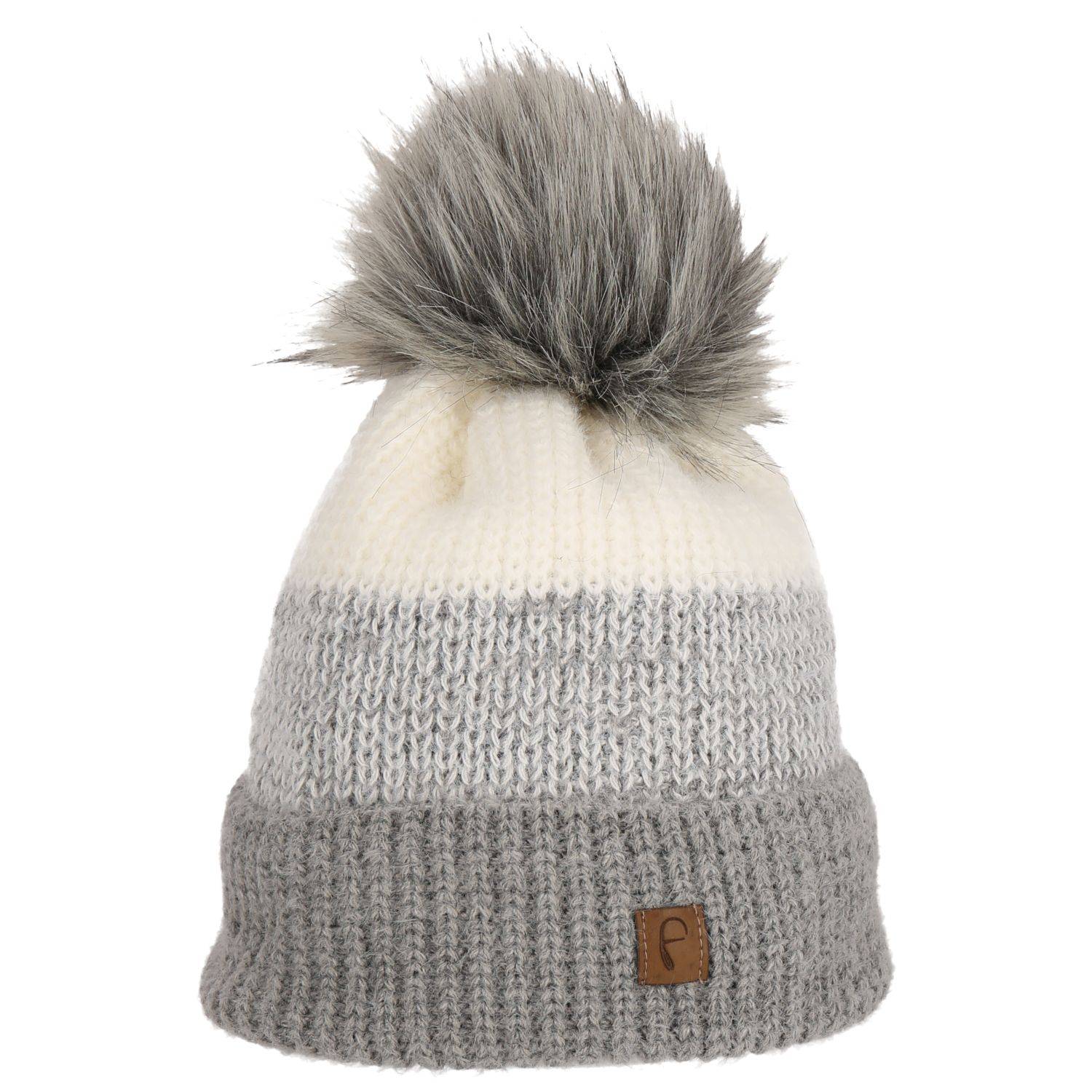 Faera Wintermütze warm gefüttert mit Kunstfell Bommel-Mütze Winter Damen Herren Grau/Weiß