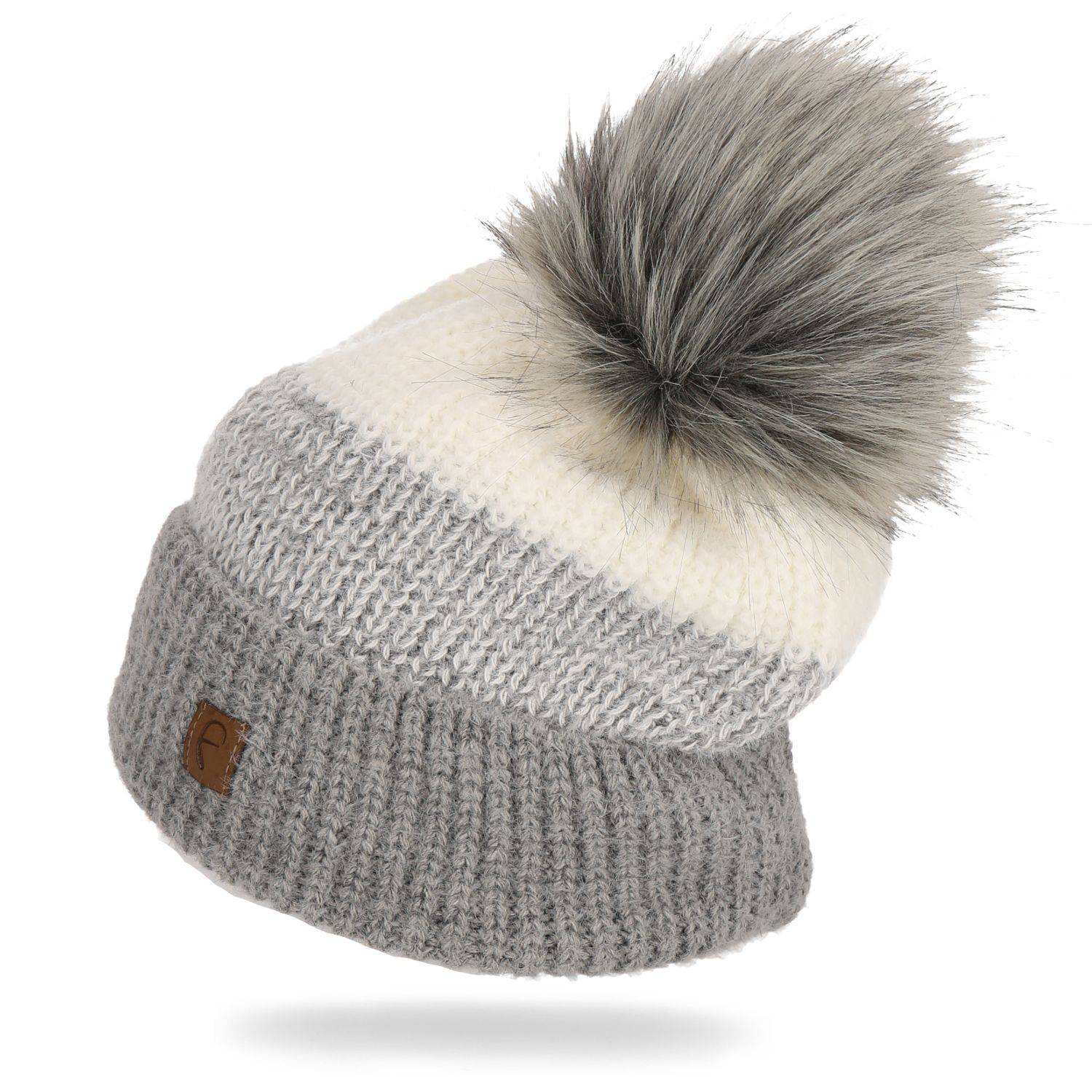 Faera Wintermütze warm gefüttert mit Kunstfell Bommel-Mütze Winter Damen Herren Grau/Weiß