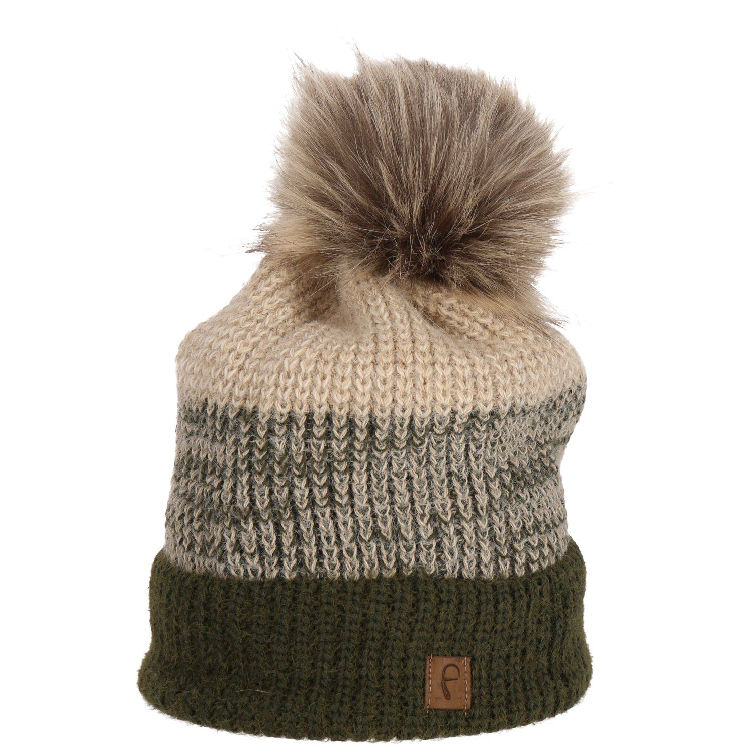 Faera Wintermütze warm gefüttert mit Kunstfell Bommel-Mütze Winter Damen Herren Grün/beige