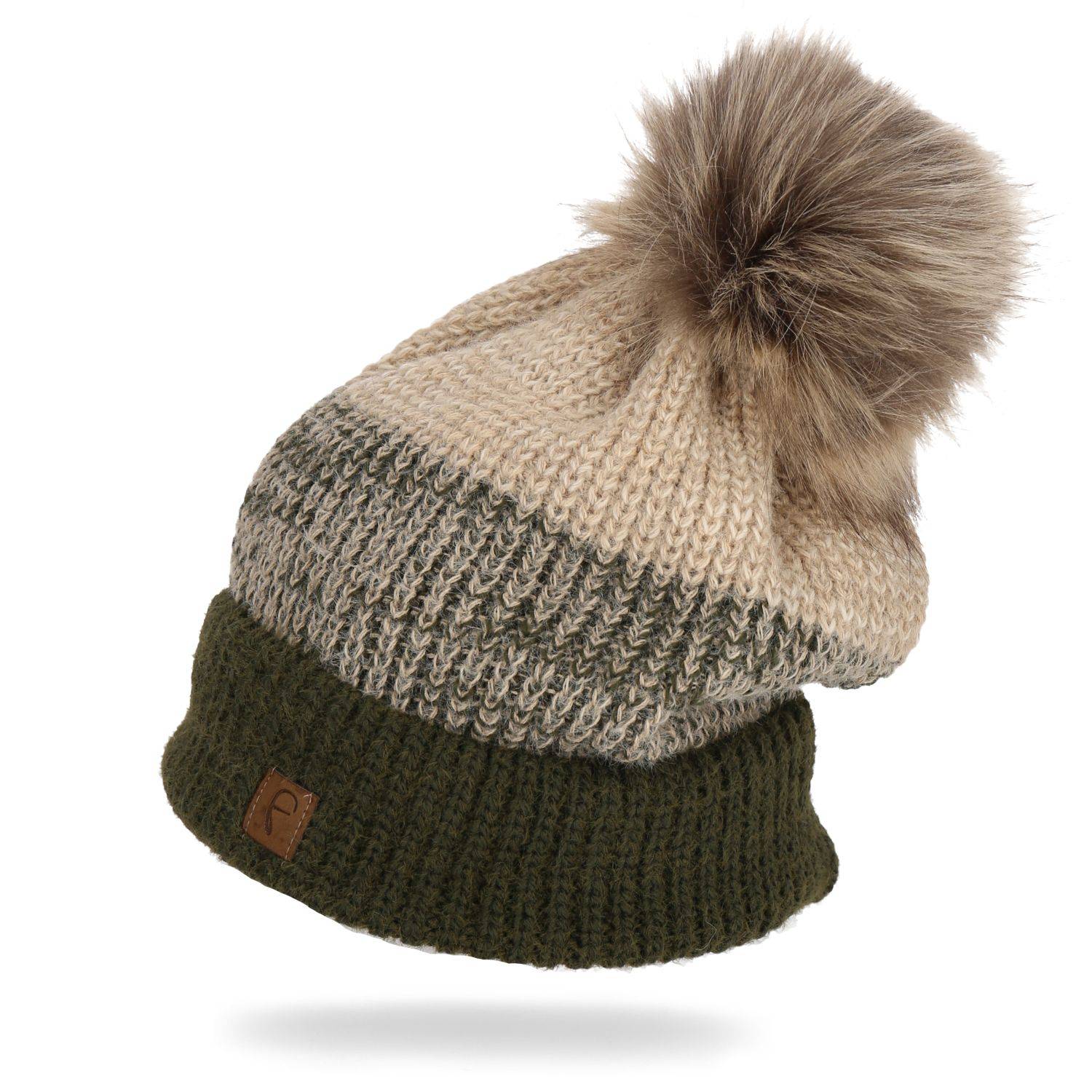 Faera Wintermütze warm gefüttert mit Kunstfell Bommel-Mütze Winter Damen Herren Grün/beige