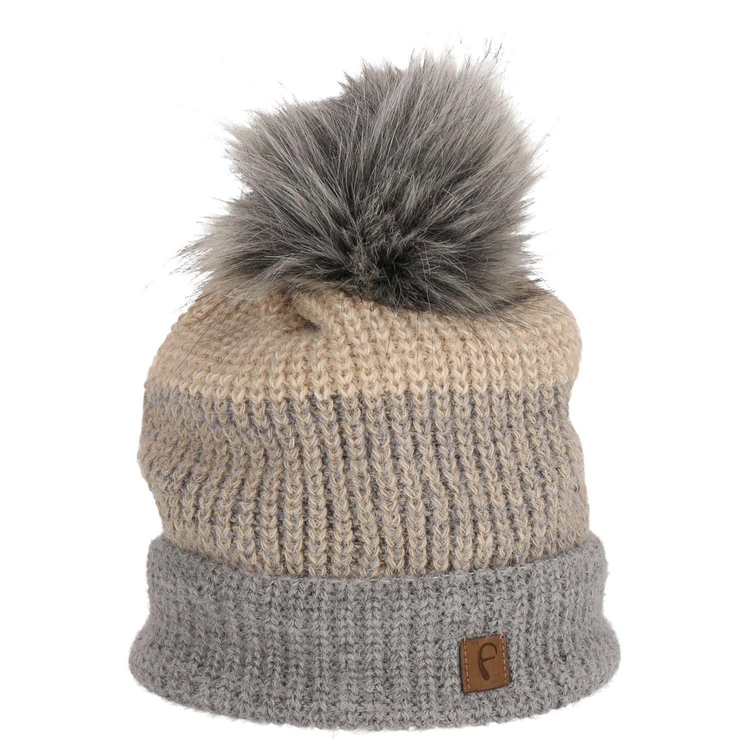 Faera Wintermütze warm gefüttert mit Kunstfell Bommel-Mütze Winter Damen Herren Grau/Rosa