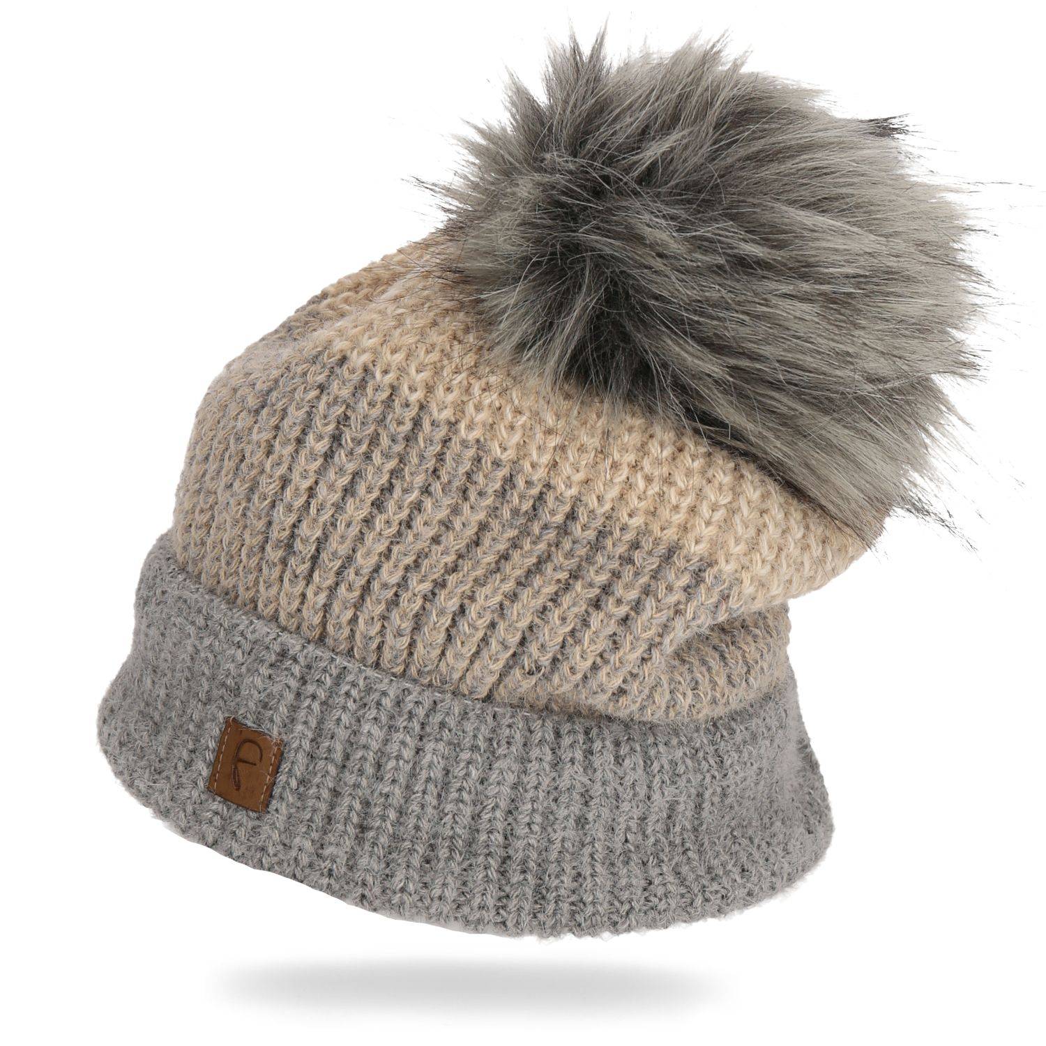 Faera Wintermütze warm gefüttert mit Kunstfell Bommel-Mütze Winter Damen Herren Grau/Rosa