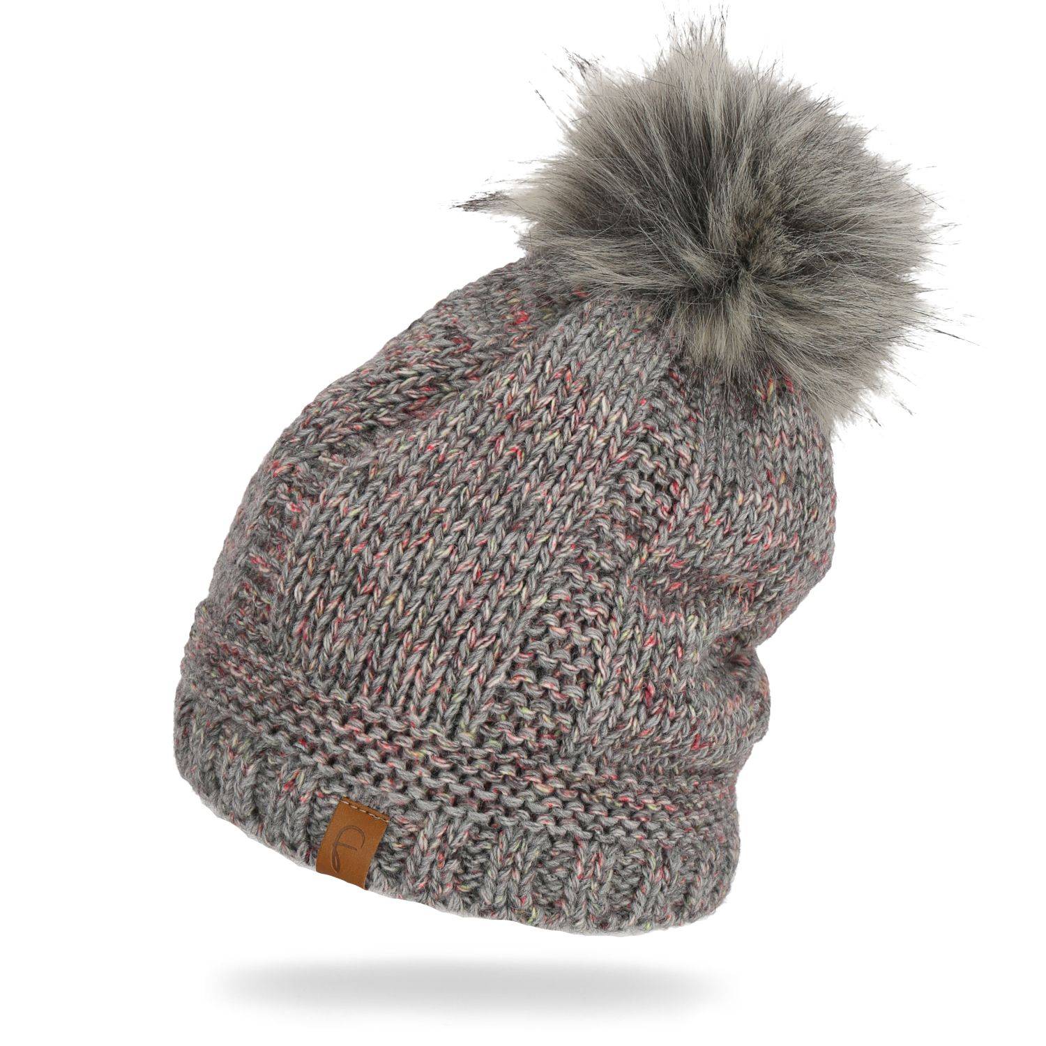 Faera Wintermütze warm gefüttert mit Kunstfell Bommel-Mütze Winter Damen Herren Grau