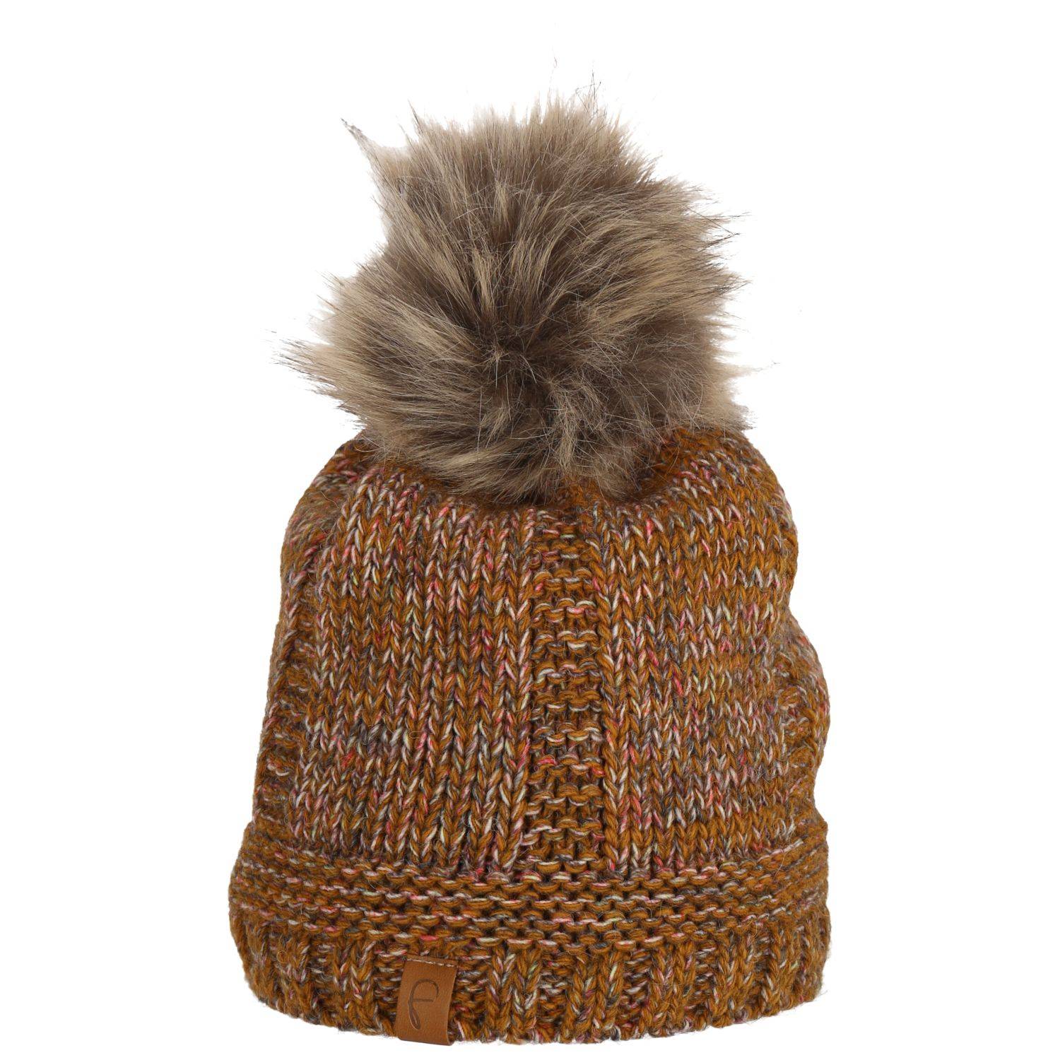 Faera Wintermütze warm gefüttert mit Kunstfell Bommel-Mütze Winter Damen Herren Braun