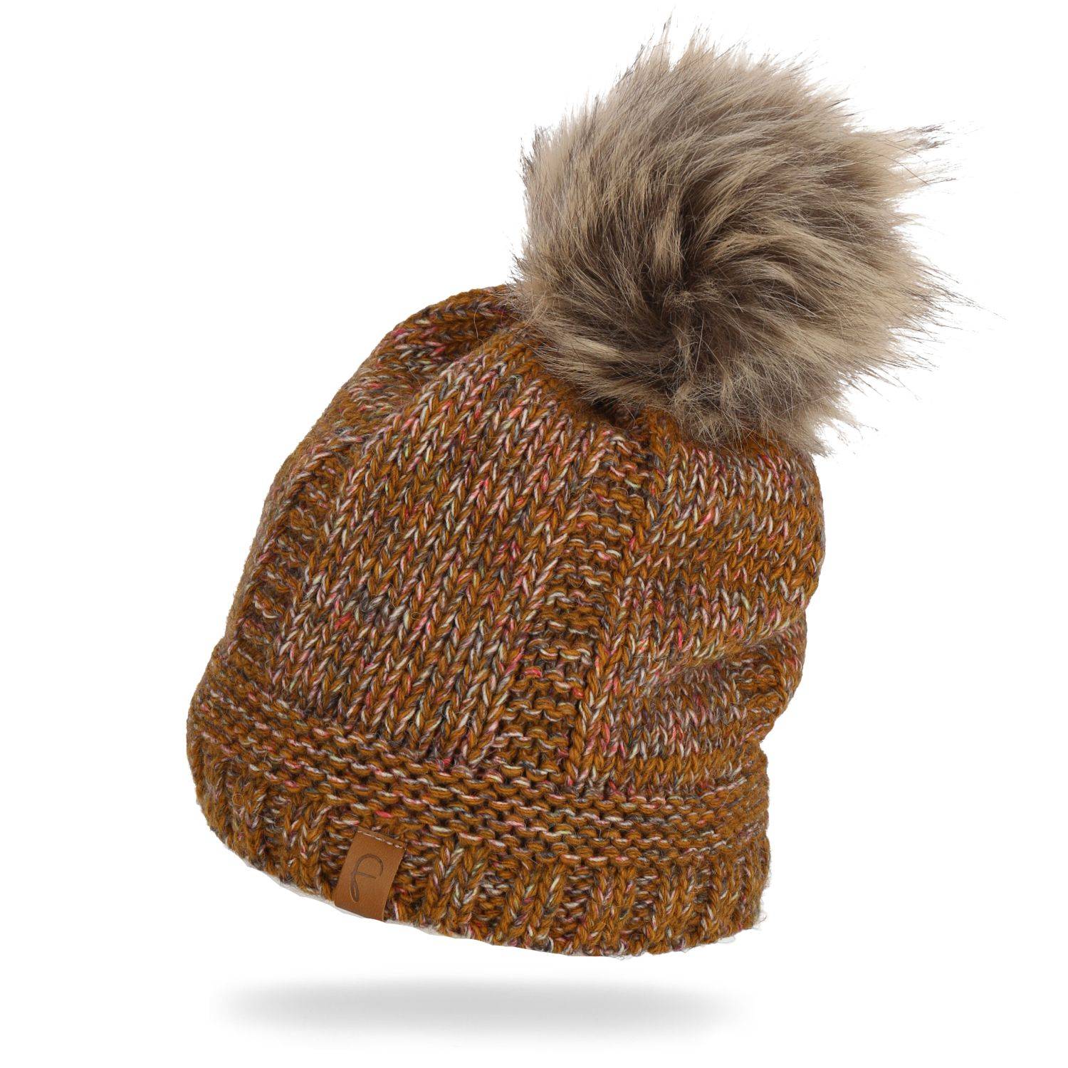 Faera Wintermütze warm gefüttert mit Kunstfell Bommel-Mütze Winter Damen Herren Braun