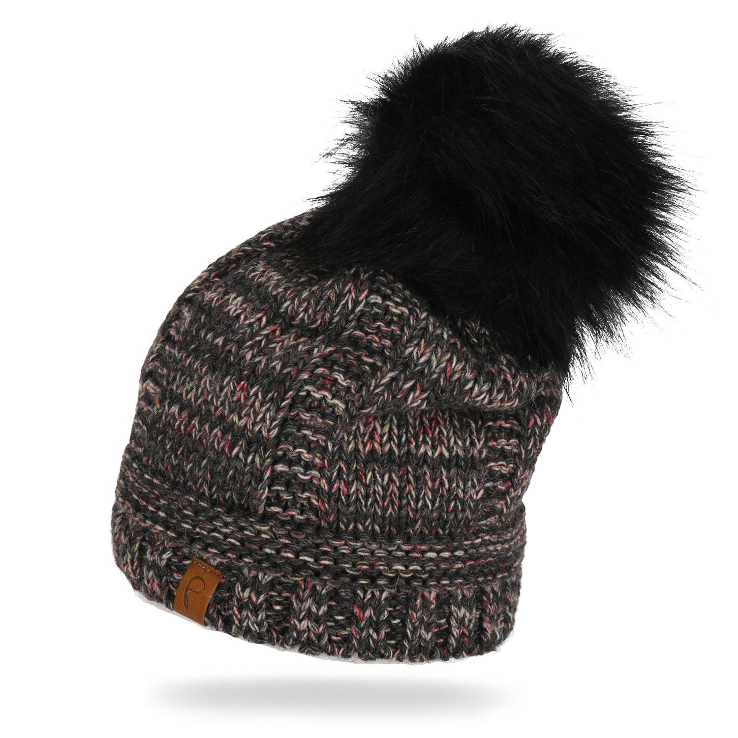 Faera Wintermütze warm gefüttert mit Kunstfell Bommel-Mütze Winter Damen Herren Anthrazit