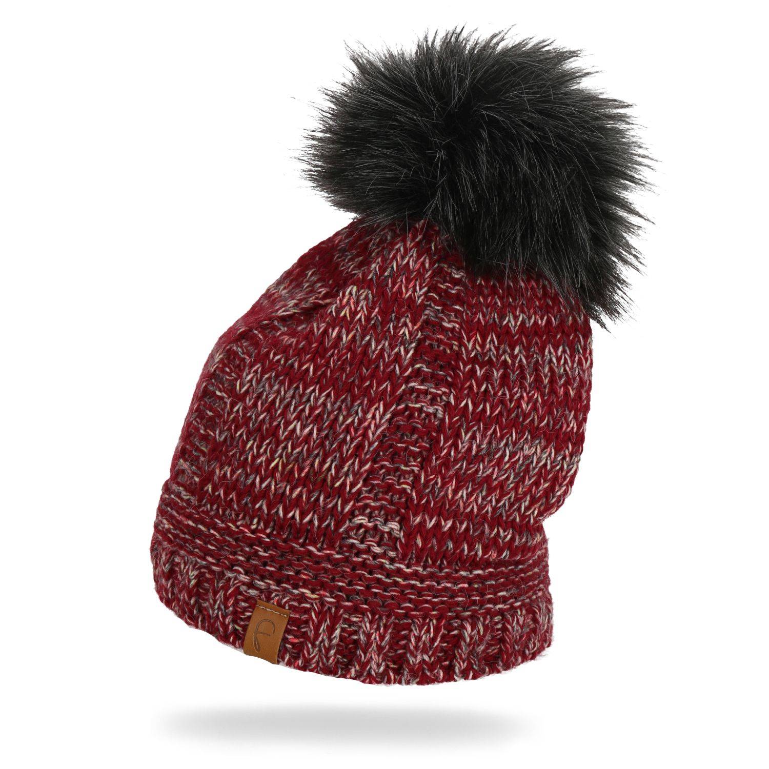 Faera Wintermütze warm gefüttert mit Kunstfell Bommel-Mütze Winter Damen Herren Rot