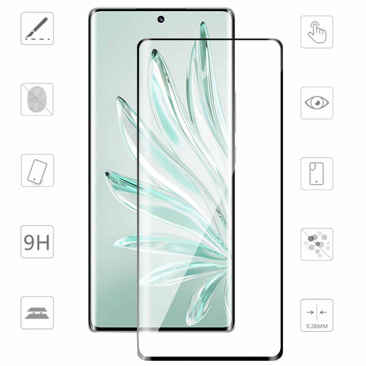 Für Honor 70 4D Premium 0,3 mm H9 Curved Hart Glas Panzer Schwarz Folie Schutz Hülle Neu