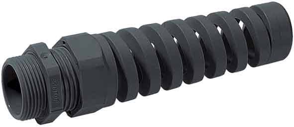 Nahaufnahme einer schwarzen Schraubendruckfeder mit einer sechseckigen Metallbefestigung an einem Ende, die üblicherweise in mechanischen oder industriellen Anwendungen eingesetzt wird.