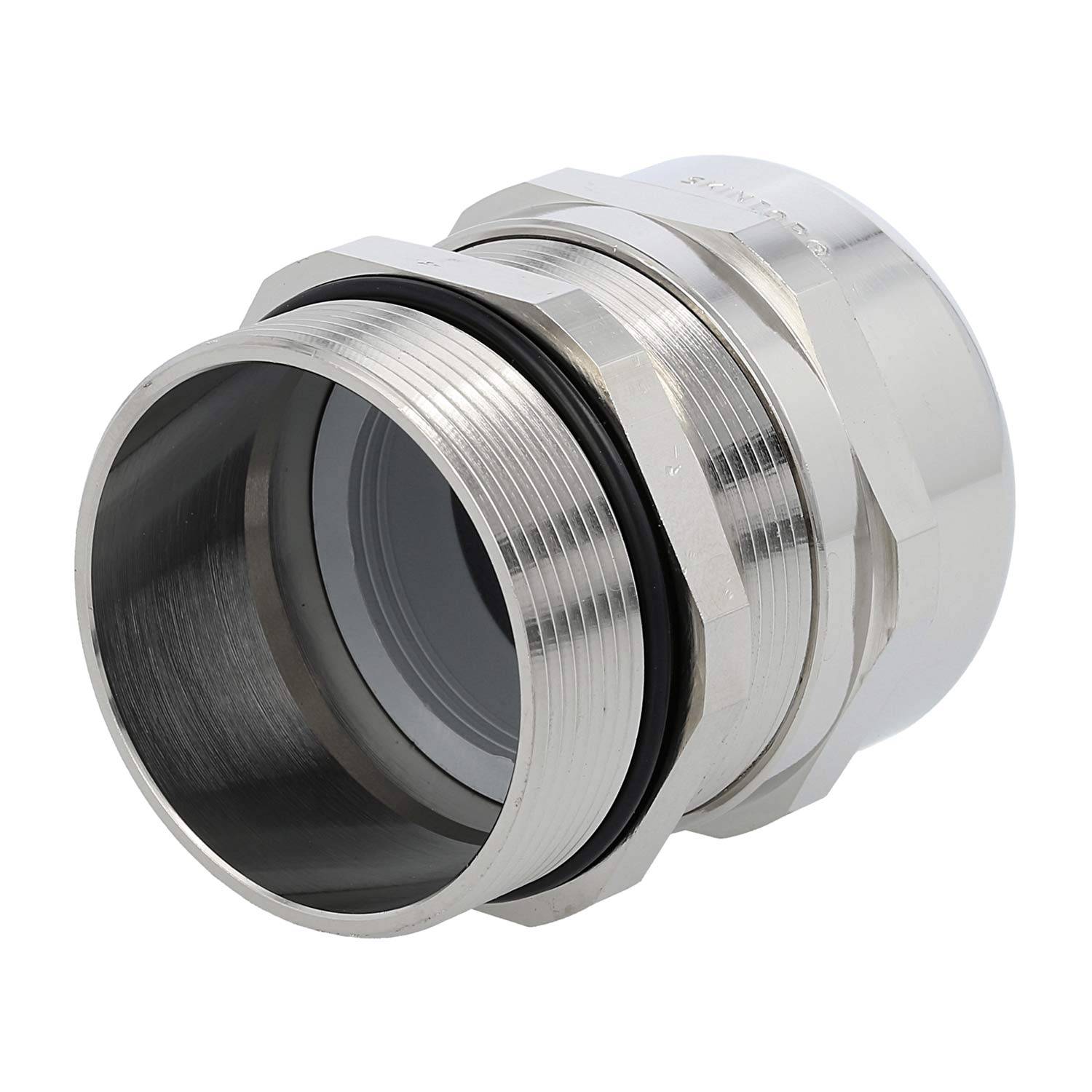 Ein metallischer Industriestecker mit Gewinde und schwarzem Gummiring, verwendet in Elektro- oder Sanitäranwendungen.