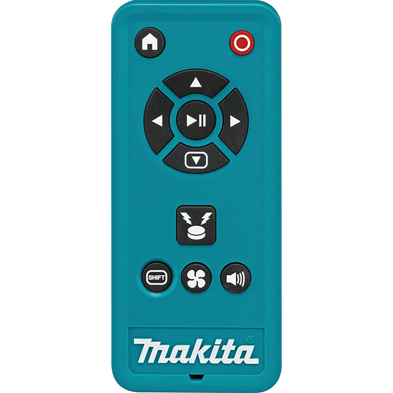 Eine türkisfarbene und schwarze Fernbedienung mit Tasten für Navigation, Wiedergabe, Umschalten, Ventilator, Ein/Aus und Home. Der Markenname 'Makita' befindet sich am unteren Rand.