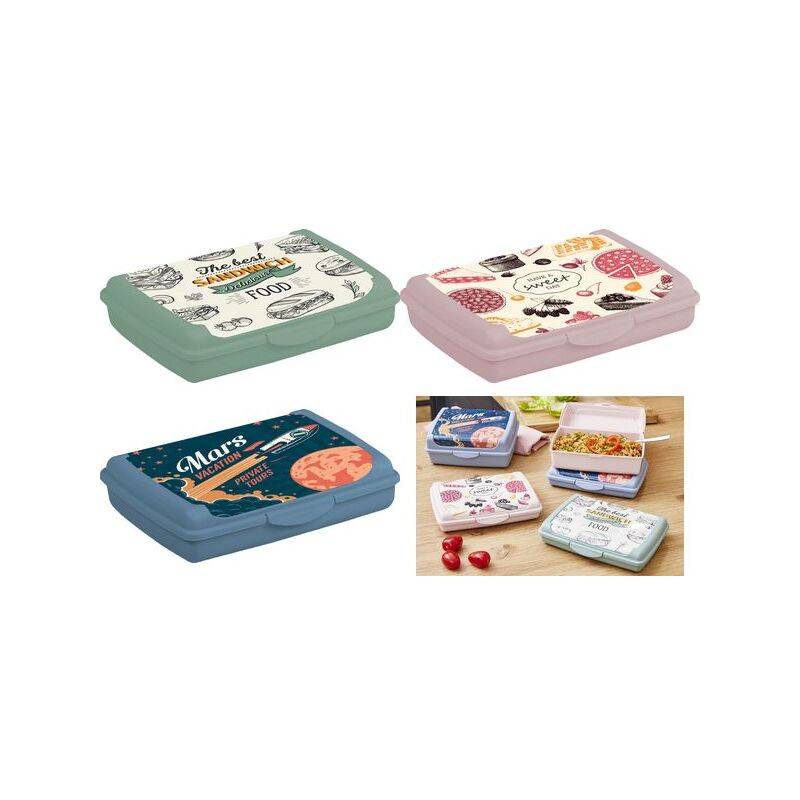 Bunte, wiederverwendbare Lunchboxen in Grün, Blau und Rosa mit verschiedenen Designs, einige mit Essen gefüllt. Die Designs umfassen Lebensmittel-Illustrationen und motivierende Texte.