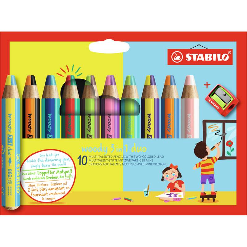 Paketbild von STABILO woody 3 in 1 duo mehrfarbigen Buntstiften mit Spitzer, zeigt 10 Stifte und ein Kind, das an einem Fenster zeichnet.