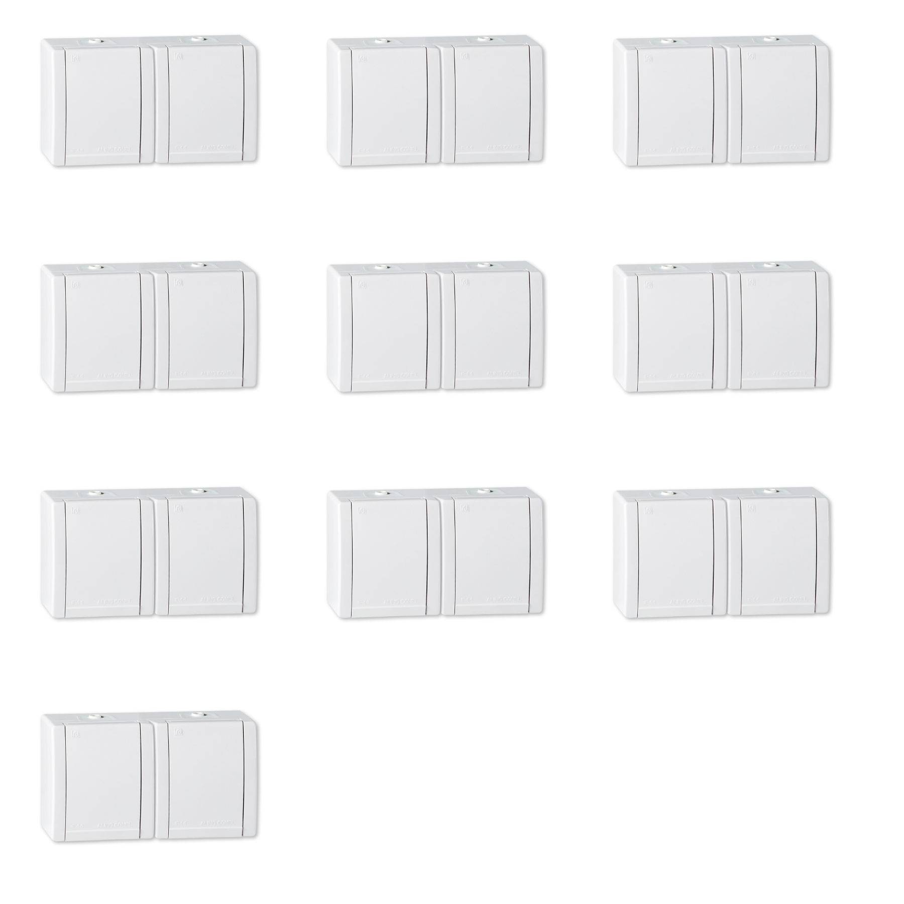 ALING-CONEL 2-fach Aufputz Schutzkontakt Steckdose mit Klappdeckel 16A/250V~ / IP44 - Weiß (10er Set)