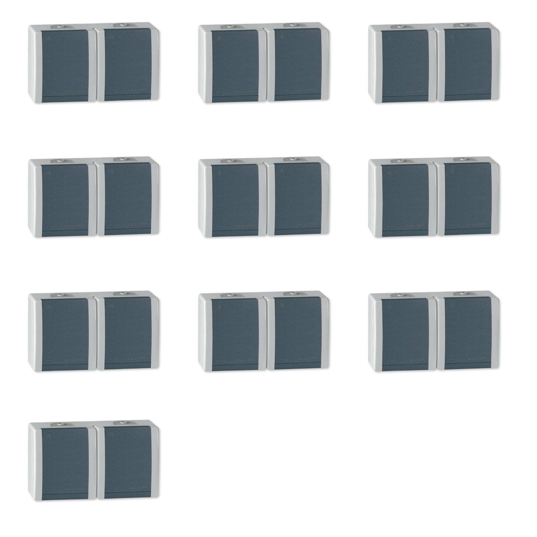 ALING-CONEL 2-fach Aufputz Schutzkontakt Steckdose mit Klappdeckel 16A/250V~ / IP44 - Grau (10er Set)
