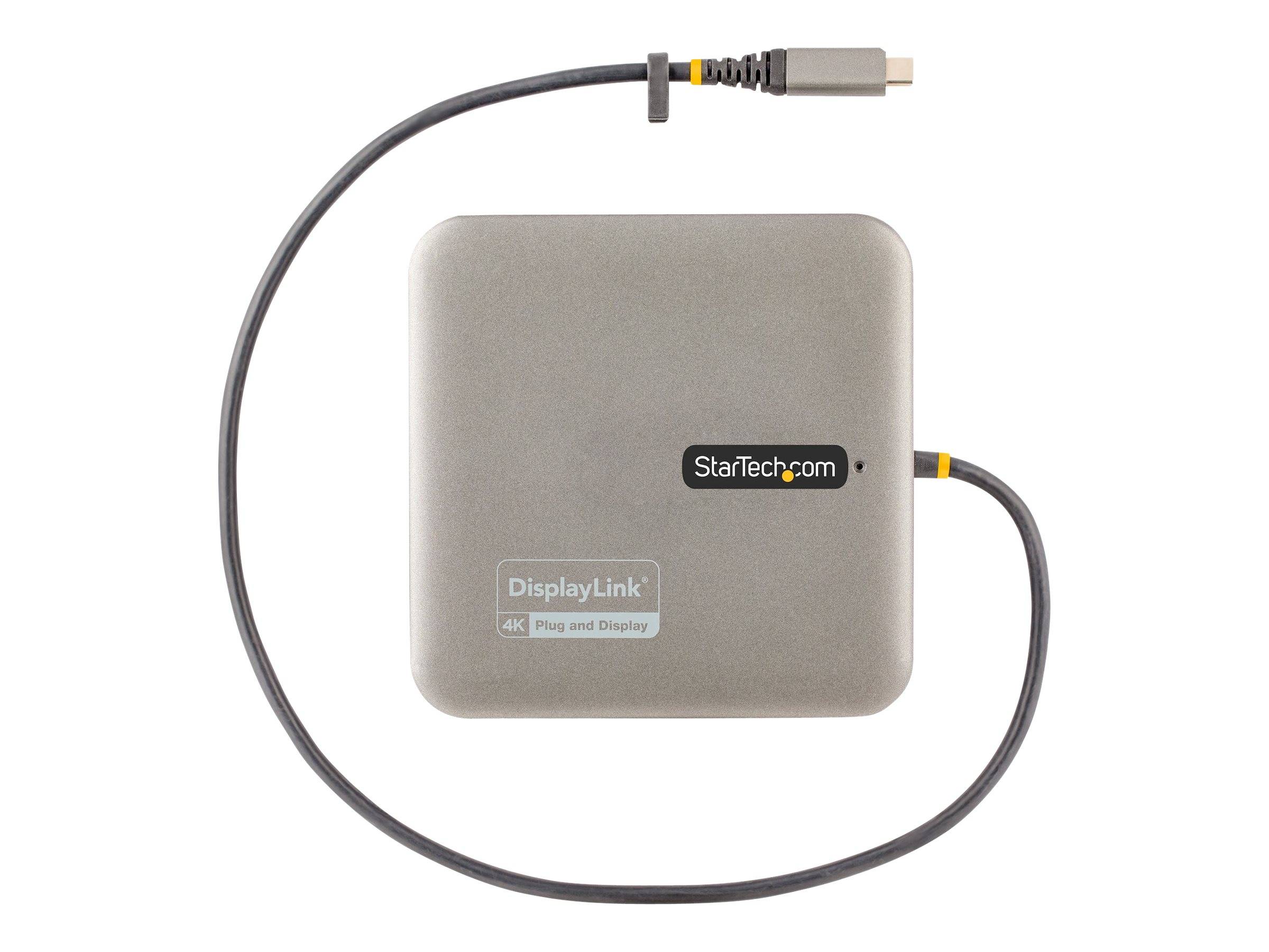 Draufsicht eines quadratischen StarTech DisplayLink USB-Docks mit angeschlossenem Kabel, gezeigt auf weißem Hintergrund.