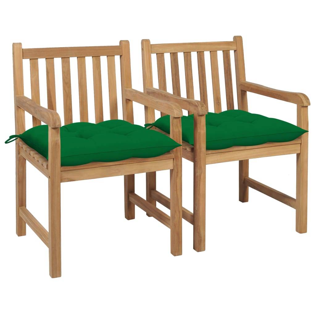 vidaXL Gartenstühle 2 Stk. mit Grünen Kissen Massivholz Teak