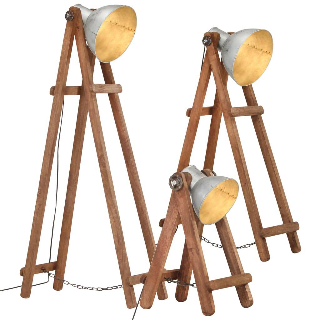 vidaXL Stehlampen 3 Stk. Silbern E27 Mango Massivholz