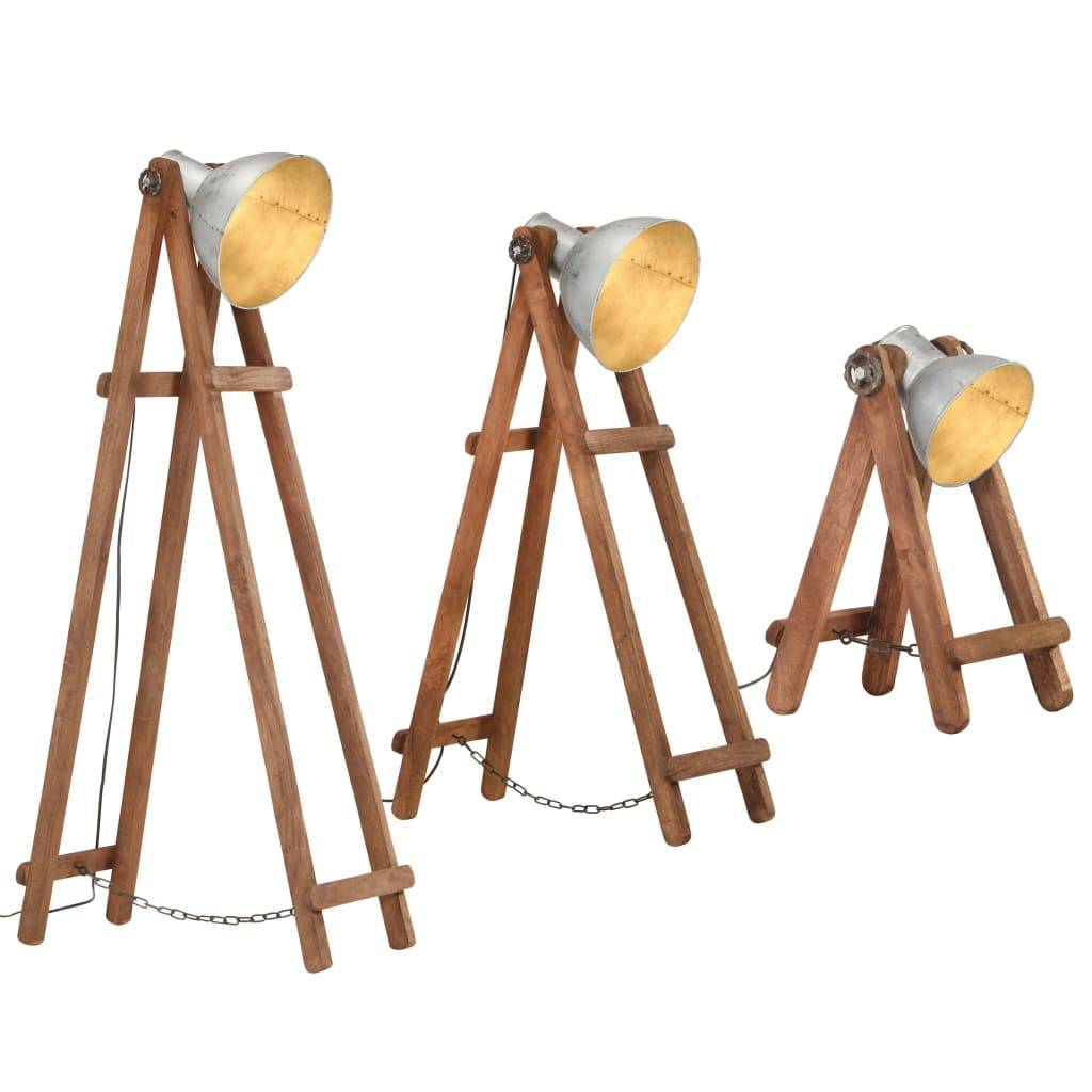 vidaXL Stehlampen 3 Stk. Silbern E27 Mango Massivholz