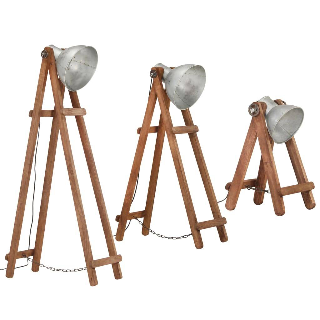 vidaXL Stehlampen 3 Stk. Silbern E27 Mango Massivholz