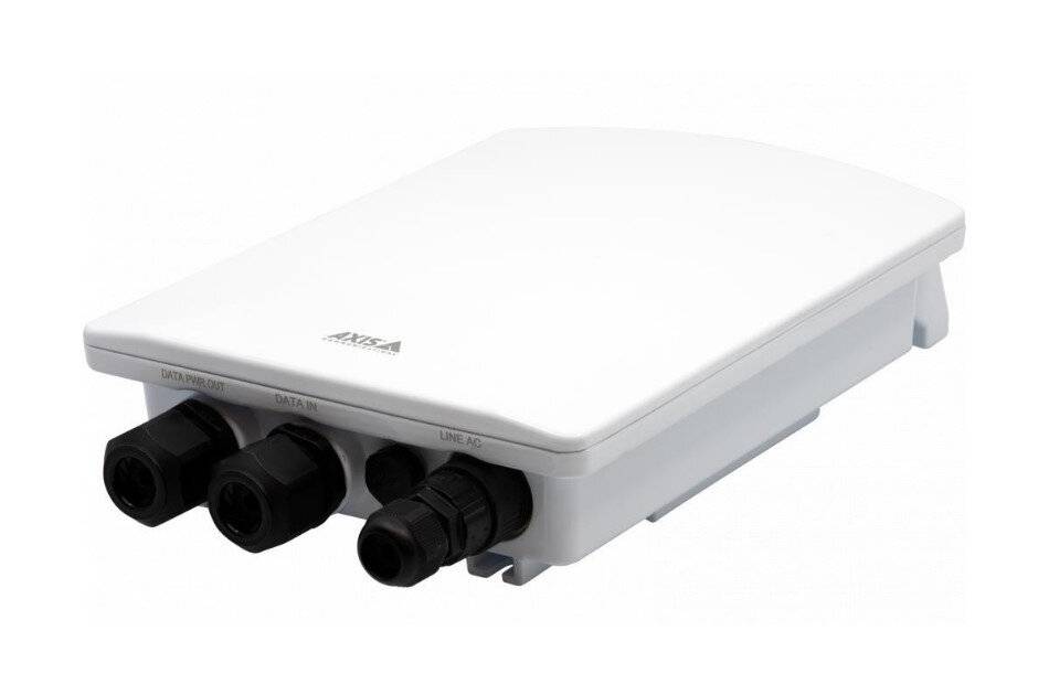 Weißer tragbarer Wireless-Zugangspunkt mit drei schwarzen Steckerverbindungen auf einer Seite