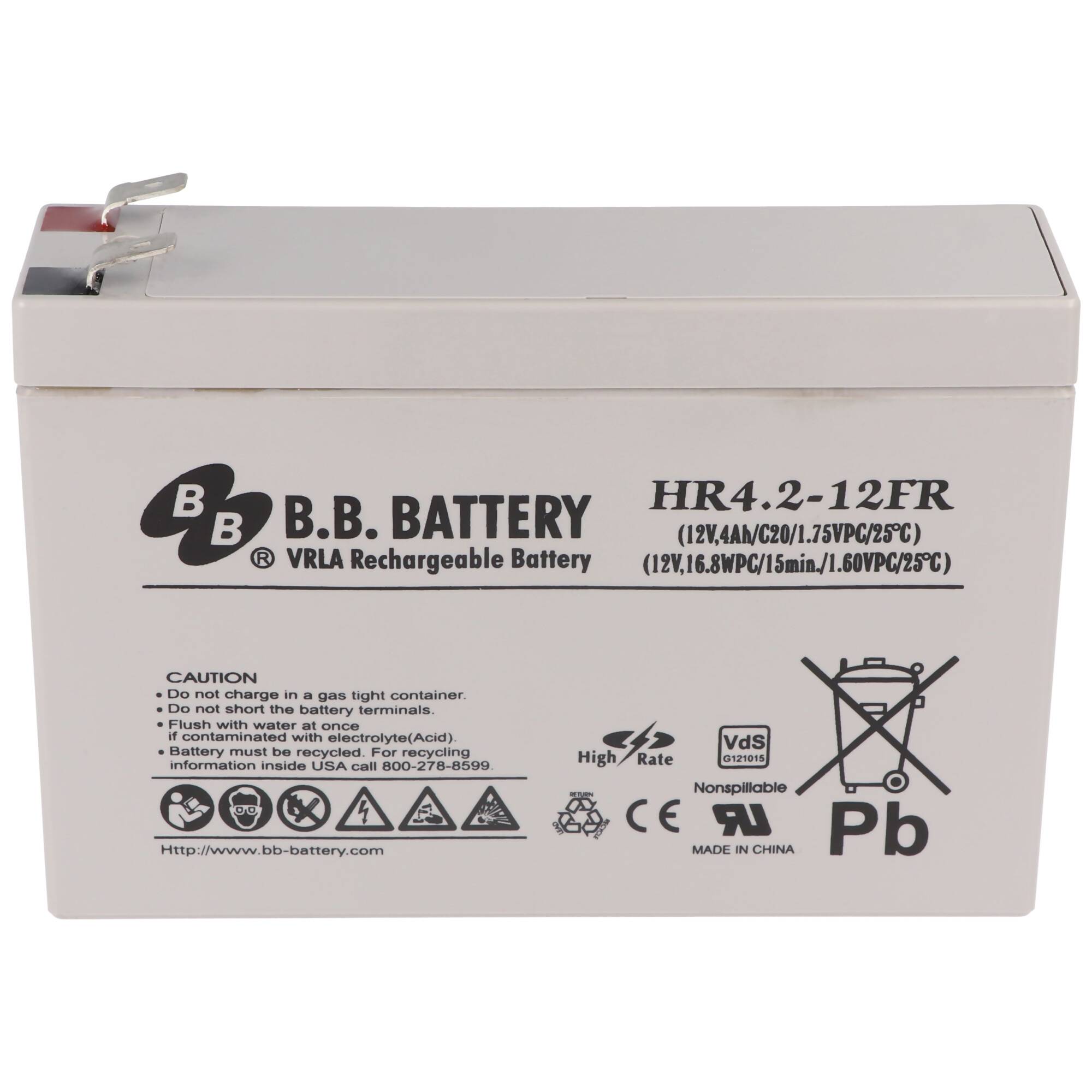 Weiße B.B. Battery VRLA wiederaufladbare Batterie, Modell HR4.2-12FR, mit gedruckter Spannung und Sicherheitswarnungen.