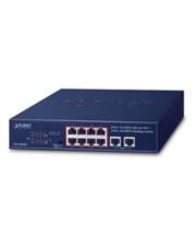 Vorderansicht eines blauen 8-Port-Ethernet-Netzwerk-Switches mit Statusleuchten und zwei zusätzlichen Anschlüssen auf weißem Hintergrund