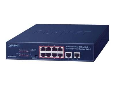 Ein schwarzer Desktop-Netzwerkswitch mit 8 Ethernet-Ports und 2 zusätzlichen Ports, beschriftet als '8-Port 10/100TX 802.3at PoE + 2-Port 10/100TX Desktop Switch'.