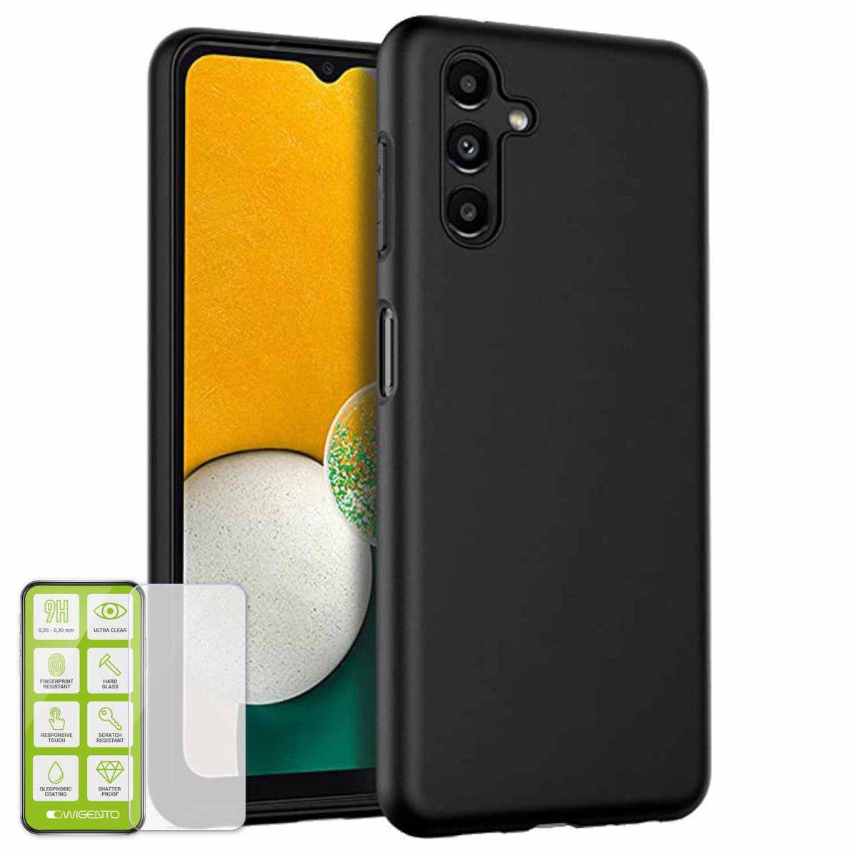 Für Samsung Galaxy A14 5G / 4G Silikoncase TPU Schwarz + 0,26 H9 Glas Handy Tasche Hülle Schutz Cover