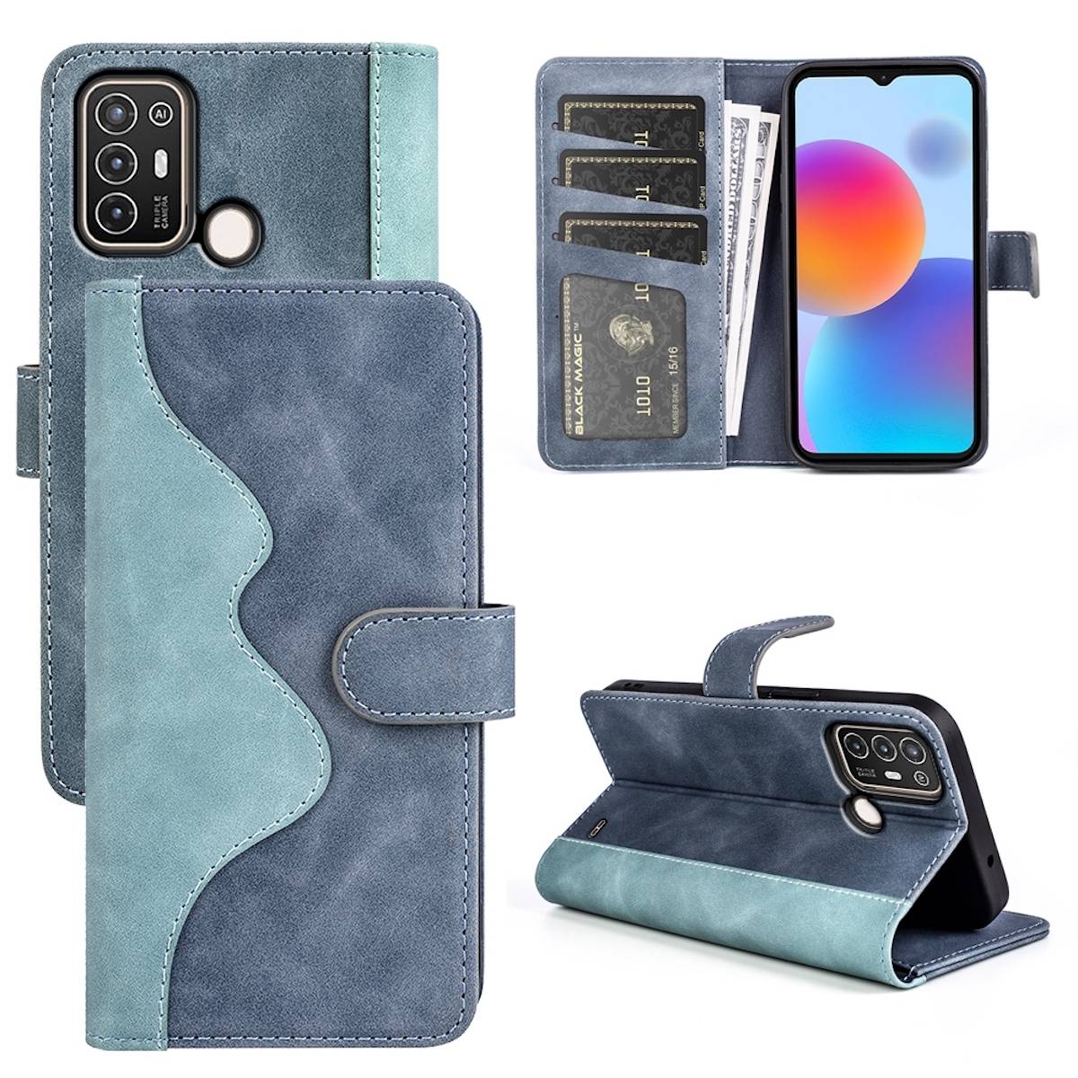 Für ZTE Blade A52 Design Handy Tasche Wallet Premium Blau Schutz Hülle Case Cover Etuis Neu Zubehör