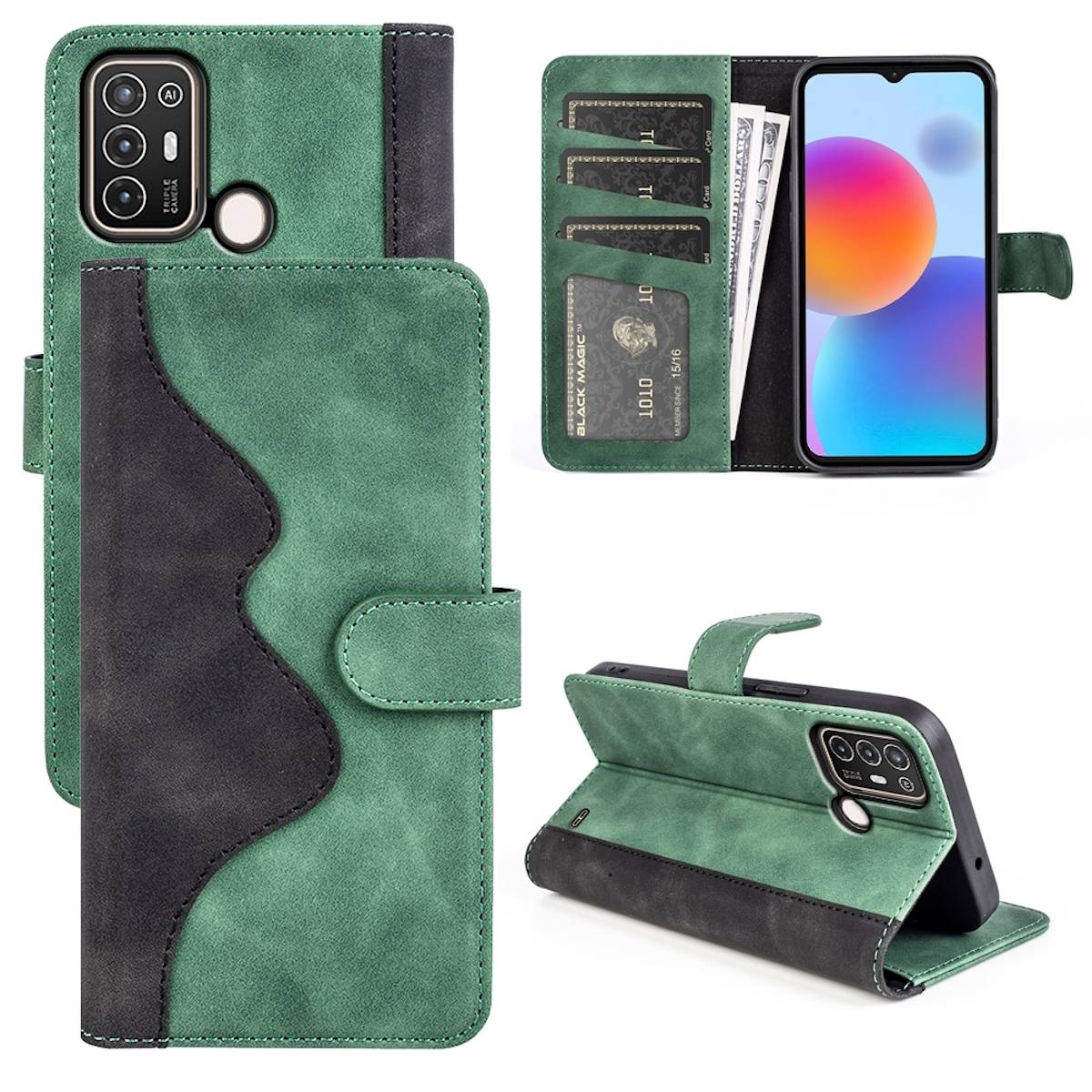 Für ZTE Blade A52 Design Handy Tasche Wallet Premium Grün Schutz Hülle Case Cover Etuis Neu Zubehör