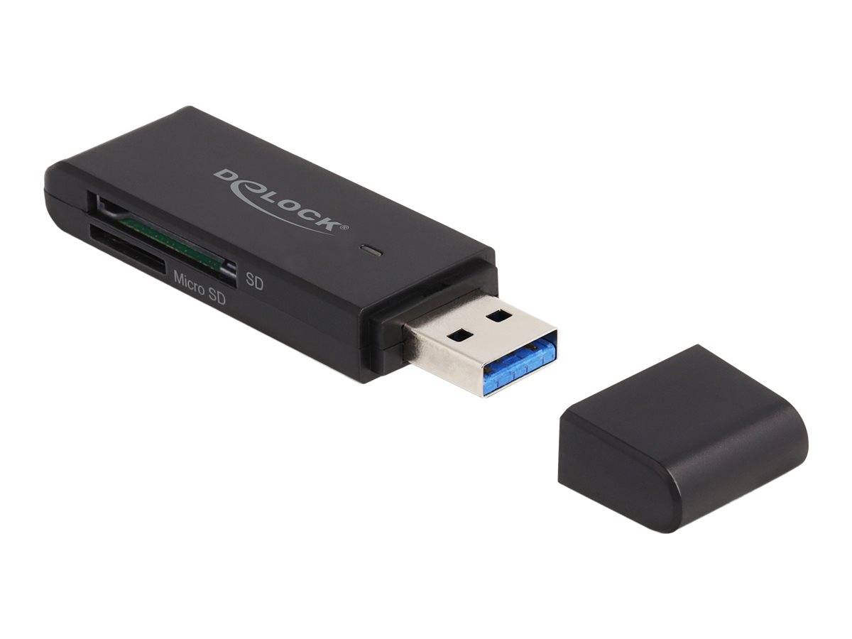 Schwarzer USB-Kartenleser mit Steckplätzen für SD- und microSD-Karten, abgebildet mit entfernter USB-Kappe daneben.